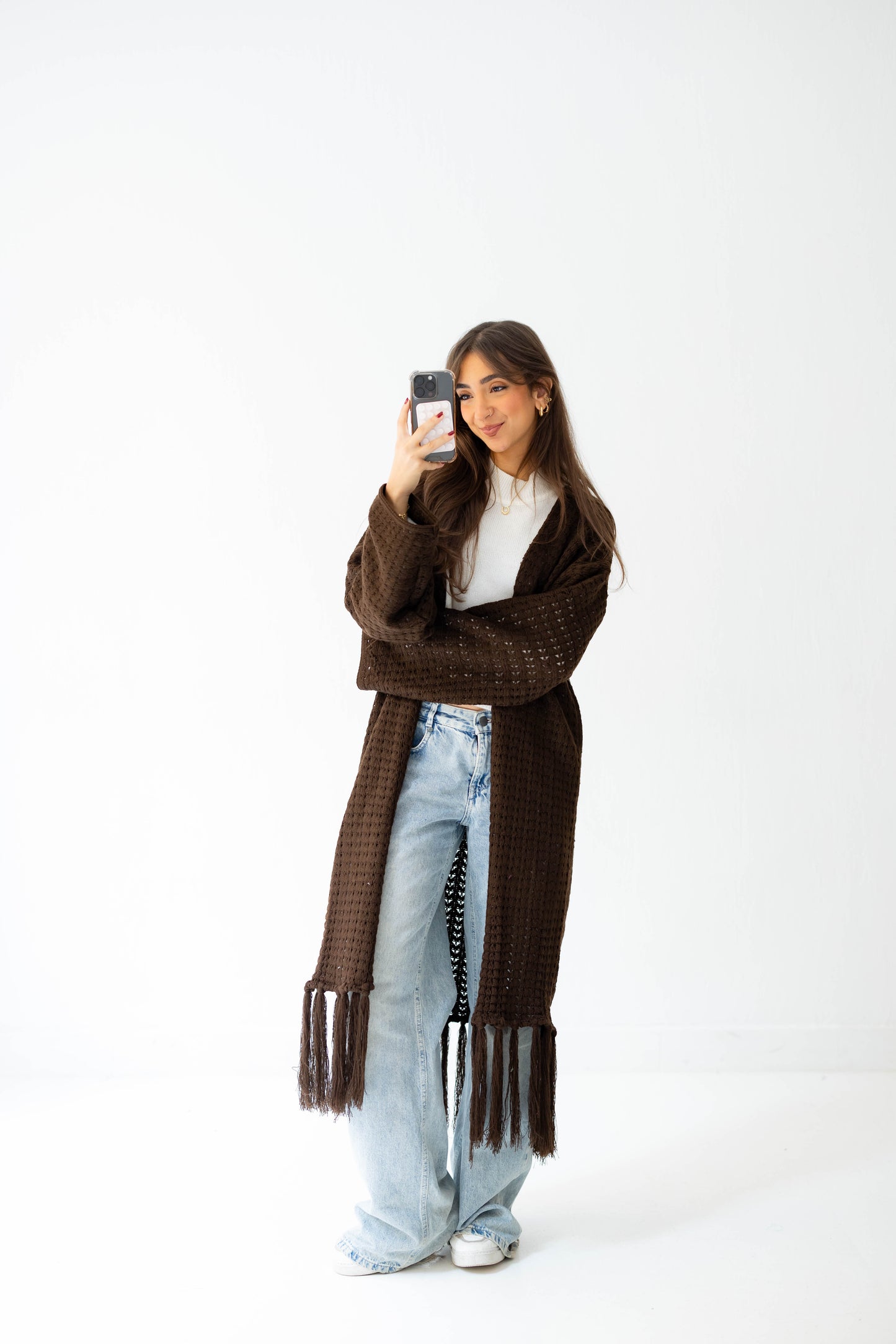Boho Fringed Cardigan in Brown