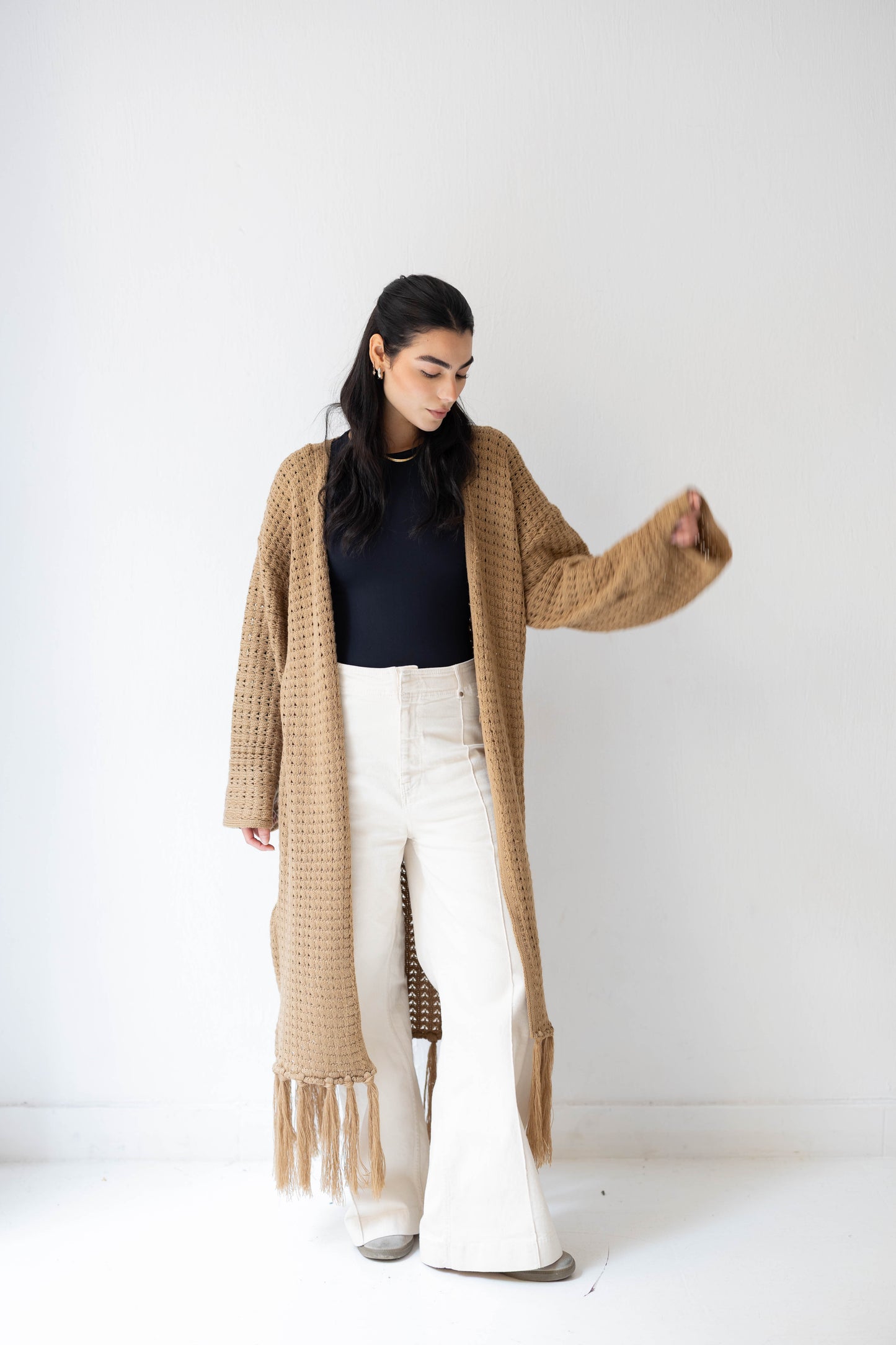 Boho Fringed Cardigan in Camel