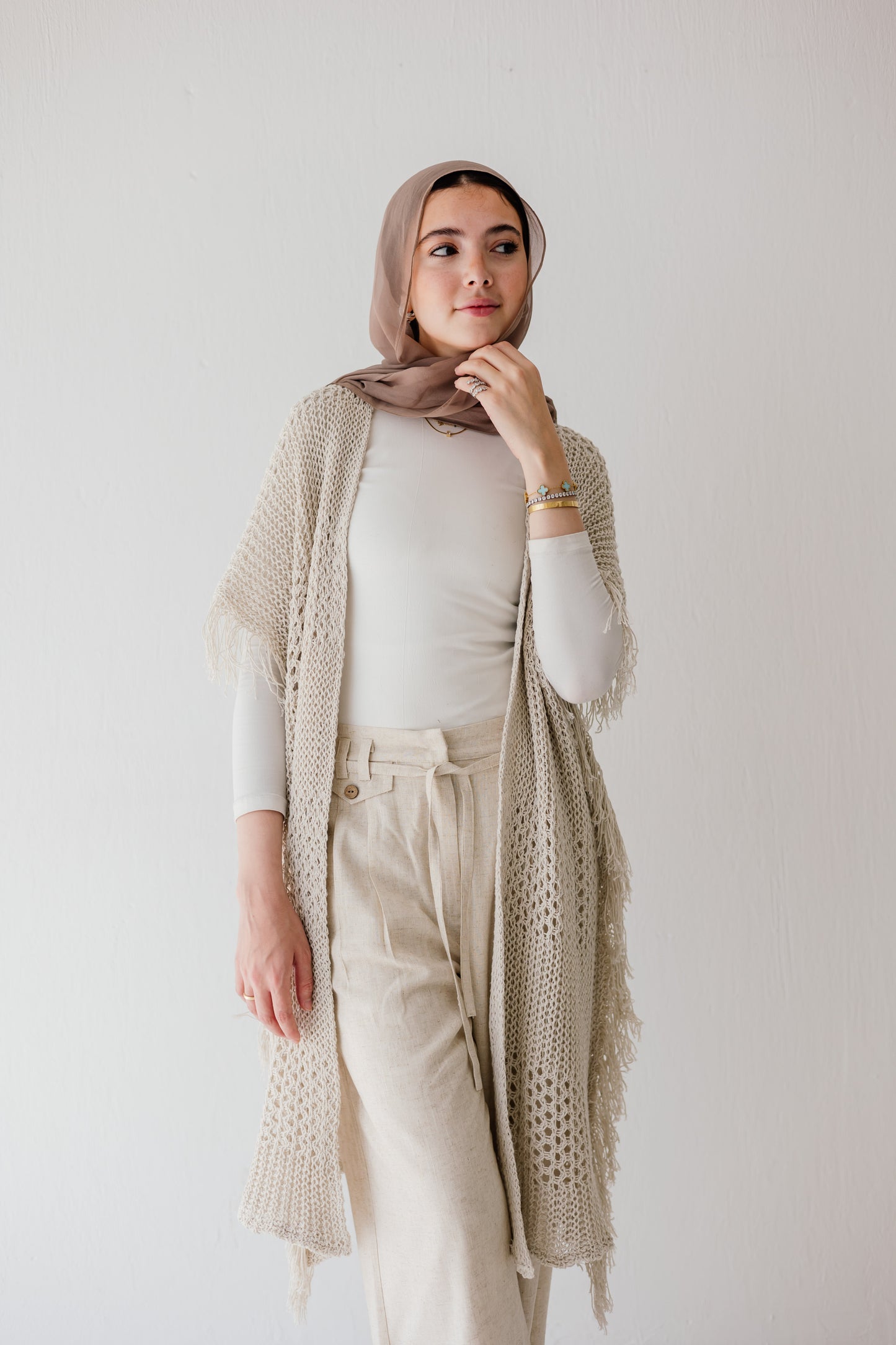 Crochet Fringed Cardigan in Oat