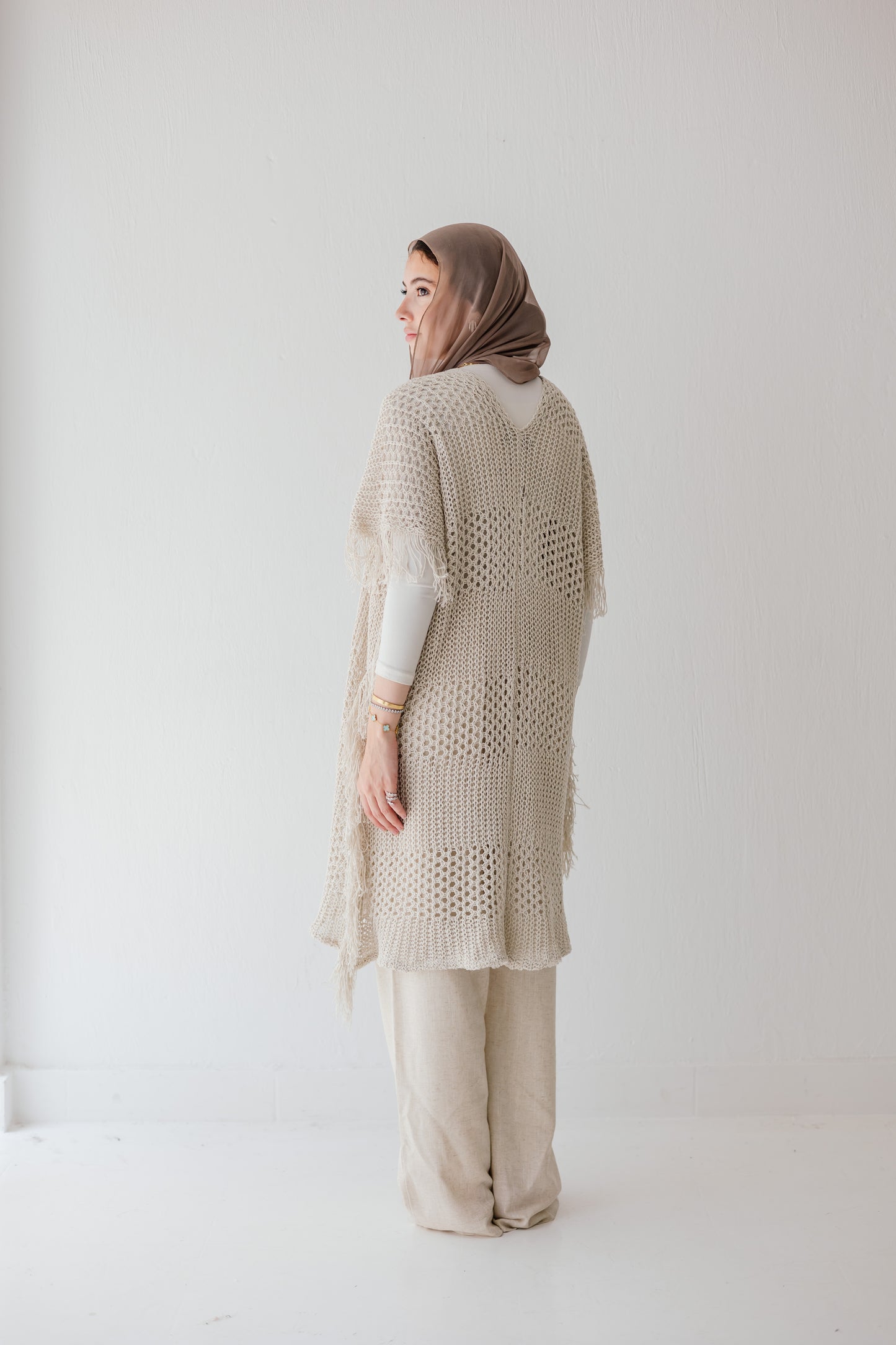 Crochet Fringed Cardigan in Oat