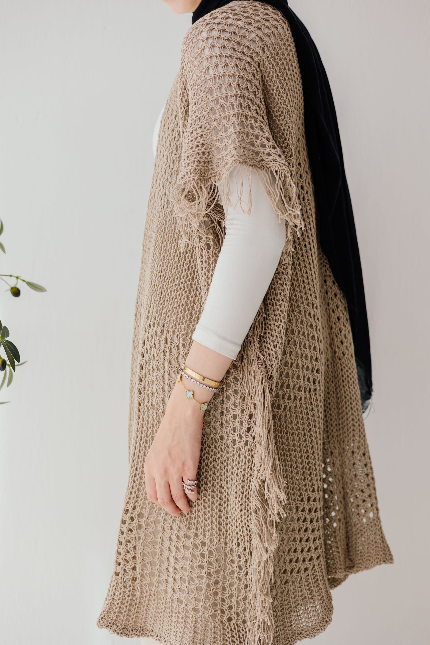 Crochet Fringed Cardigan in Tan