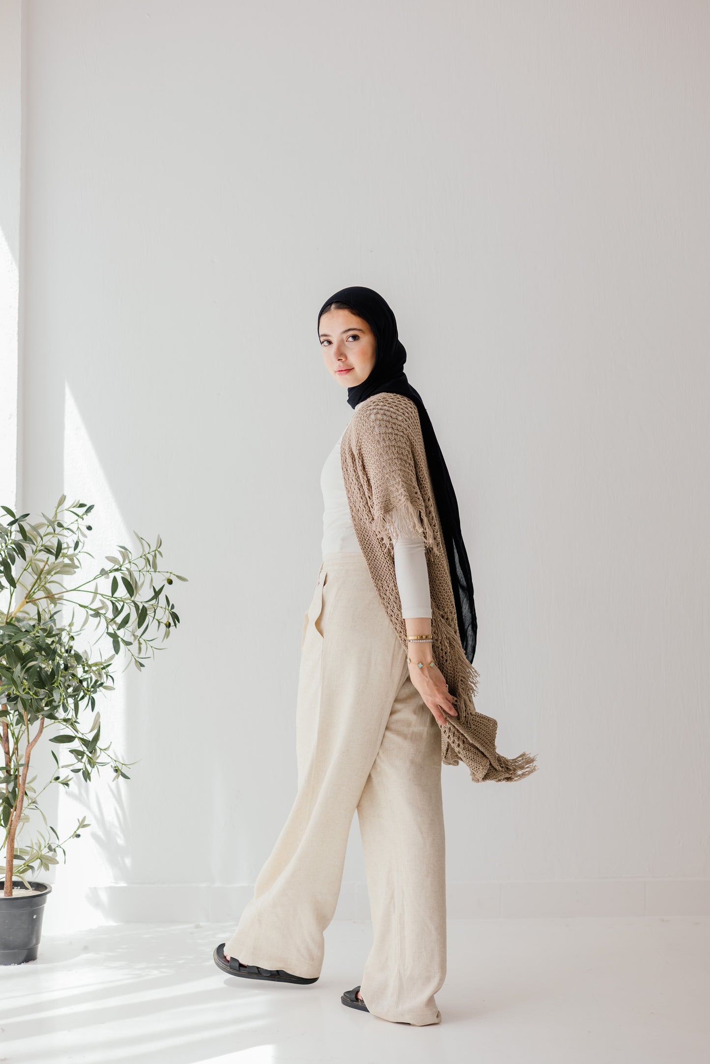 Crochet Fringed Cardigan in Tan