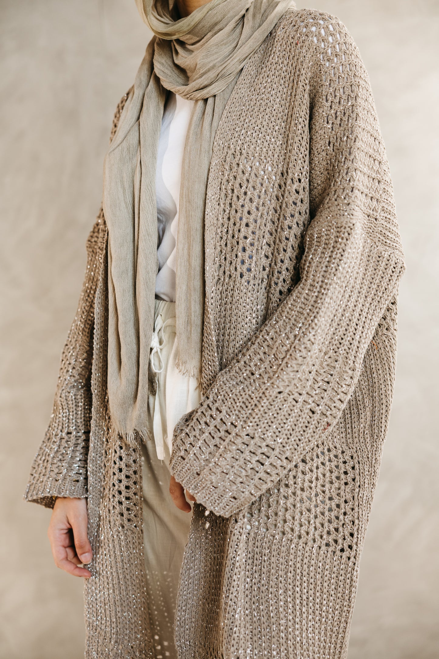 Fringed Breeze Cardigan in Shimmer Beige