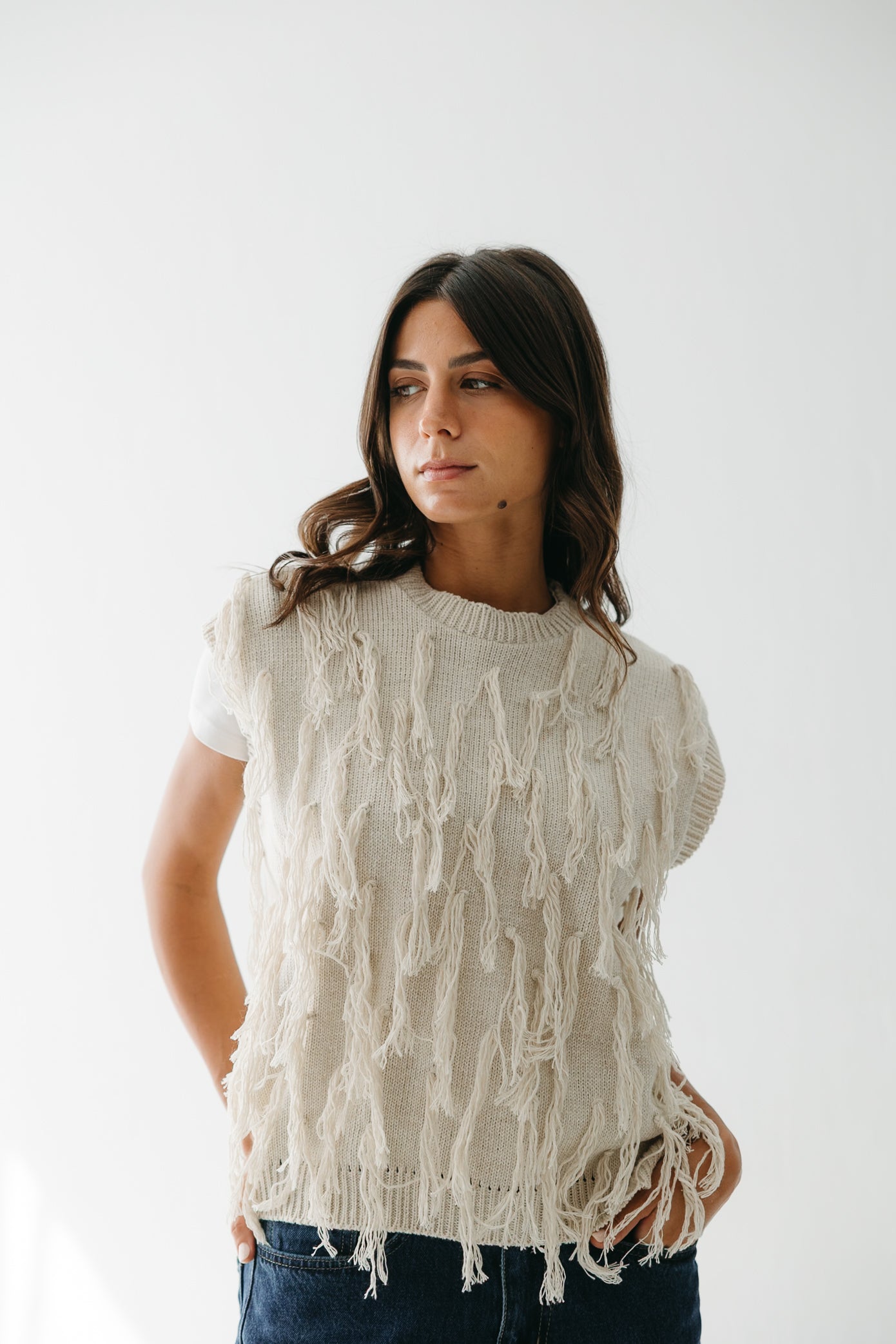 Fringed up Vest in Cream