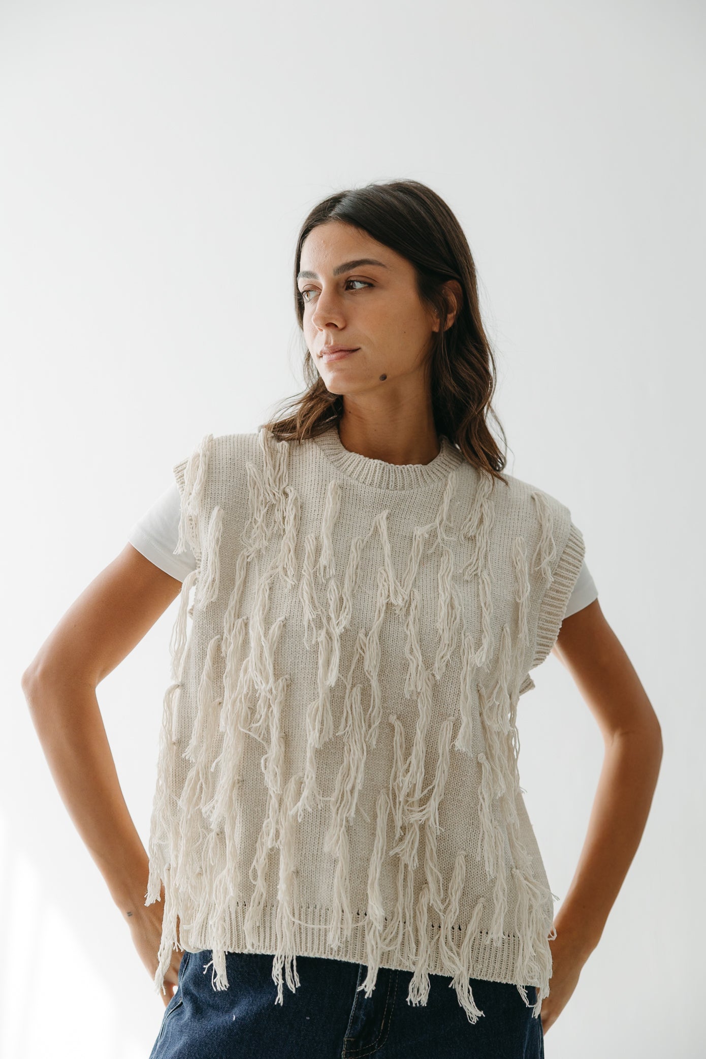 Fringed up Vest in Cream