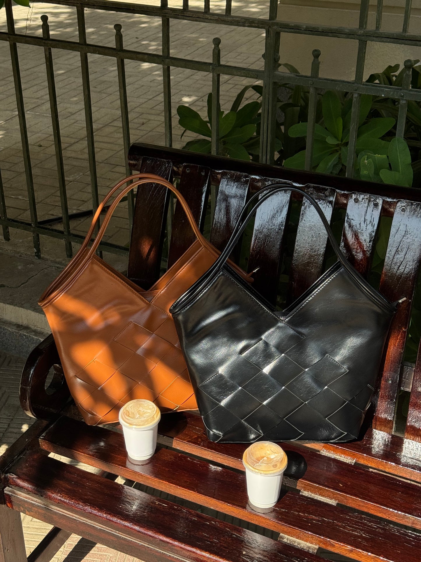 Braided Leather Bag in Camel