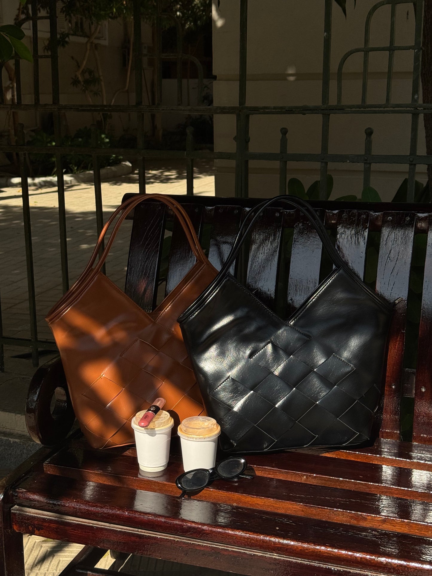 Braided Leather Bag in Camel