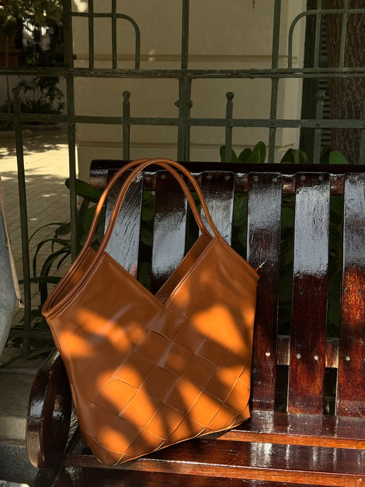 Braided Leather Bag in Camel