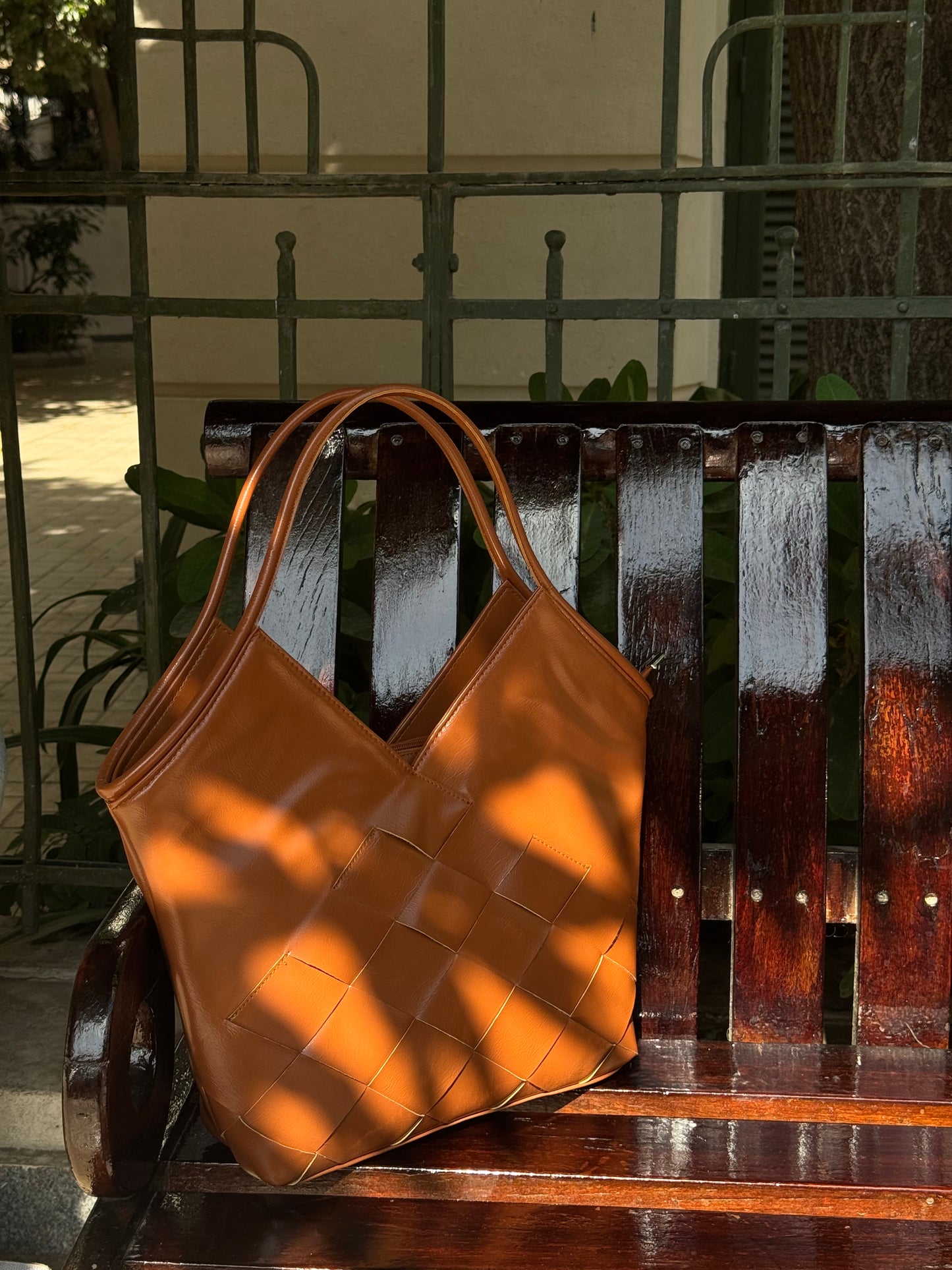 Braided Leather Bag in Camel