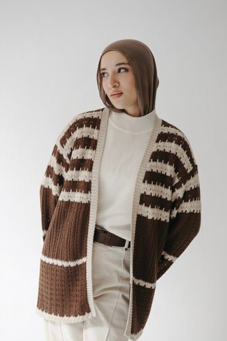 The Striped Knit Cardigan in Brown