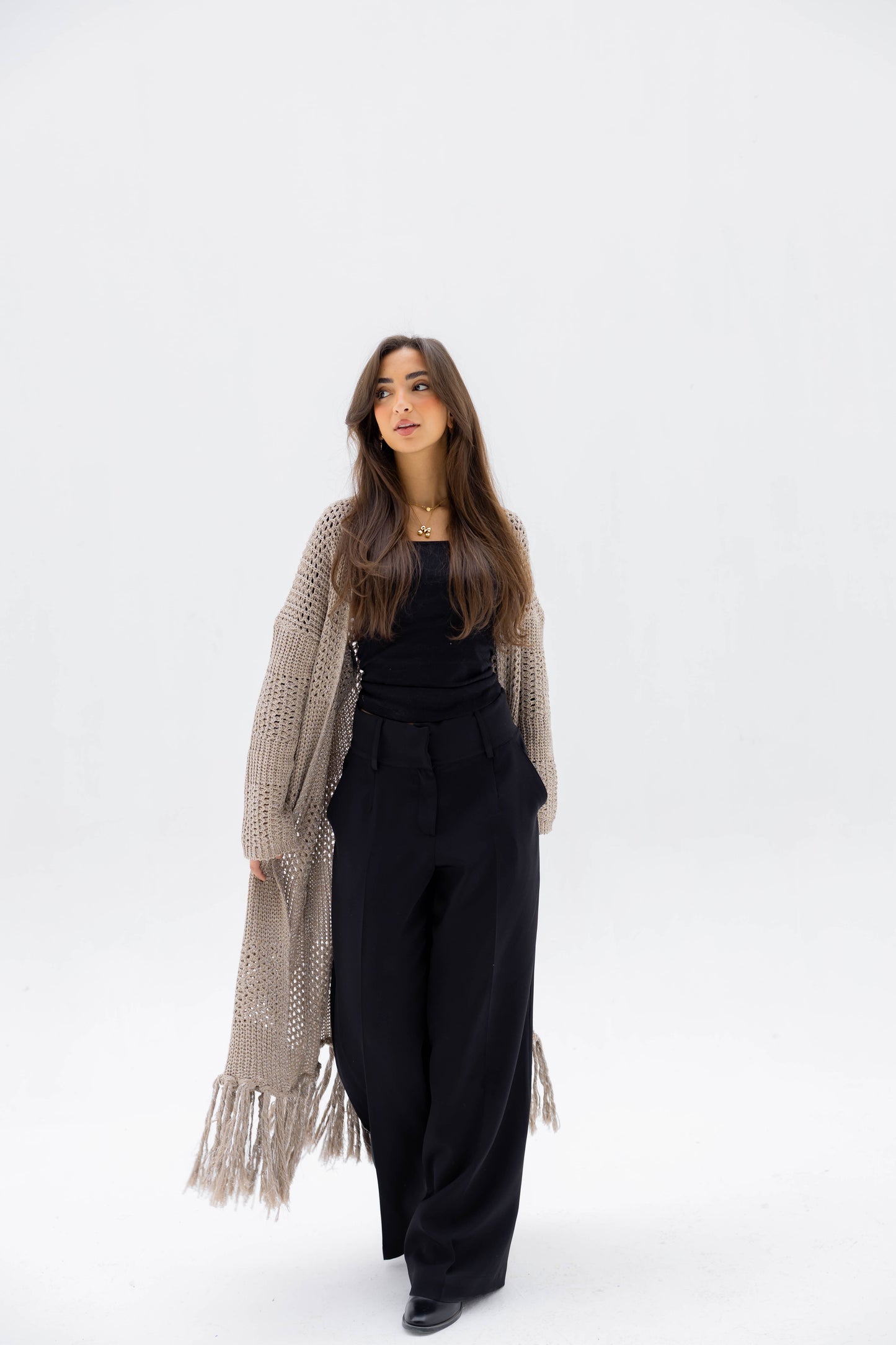 Fringed Breeze Cardigan in Shimmer Beige