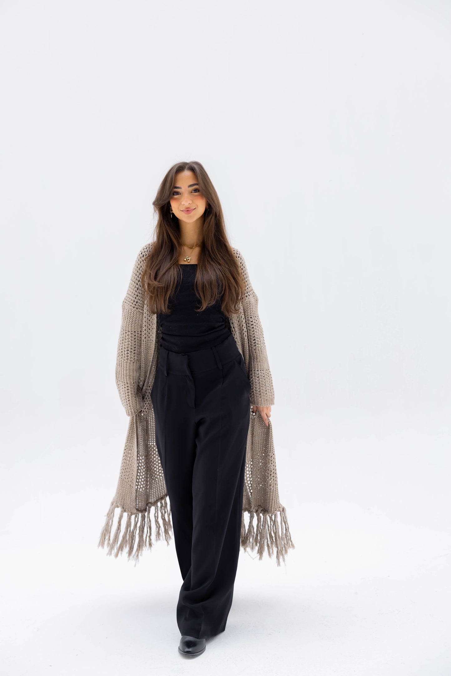 Fringed Breeze Cardigan in Shimmer Beige