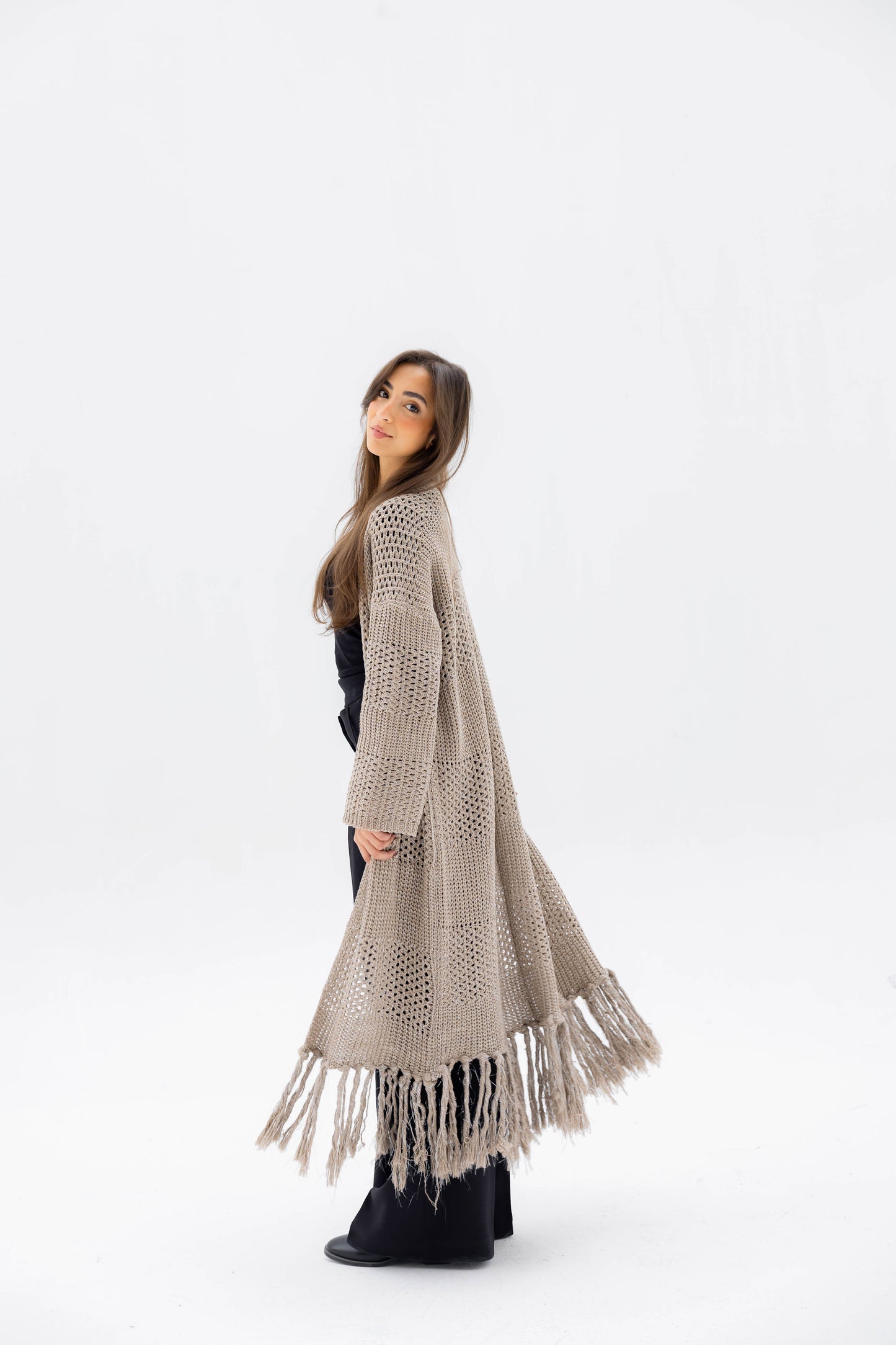 Fringed Breeze Cardigan in Shimmer Beige