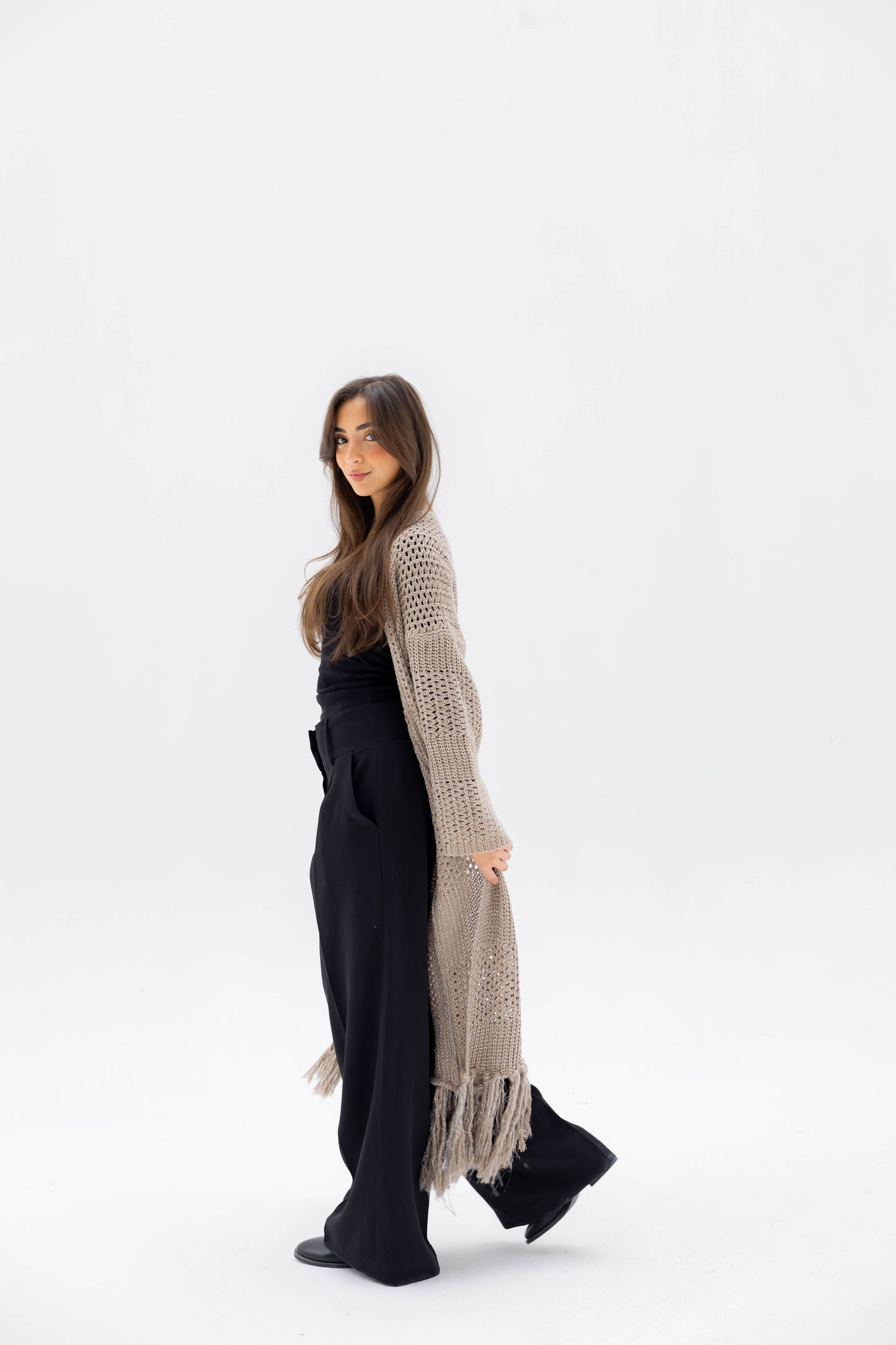 Fringed Breeze Cardigan in Shimmer Beige