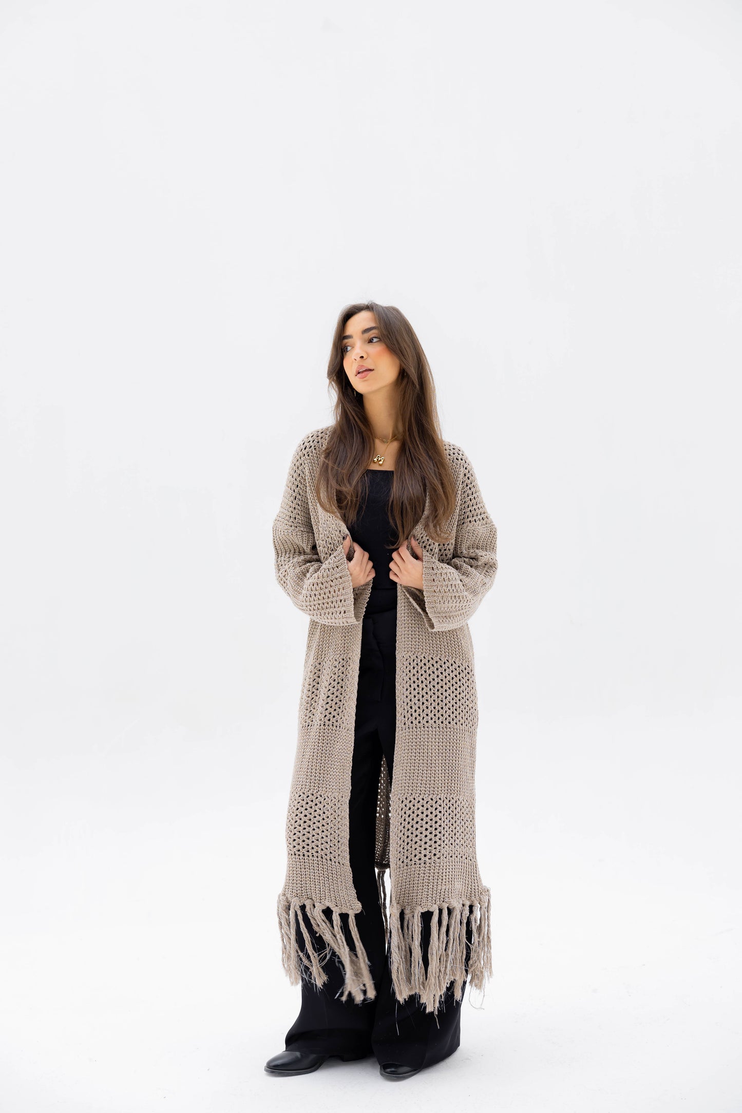 Fringed Breeze Cardigan in Shimmer Beige