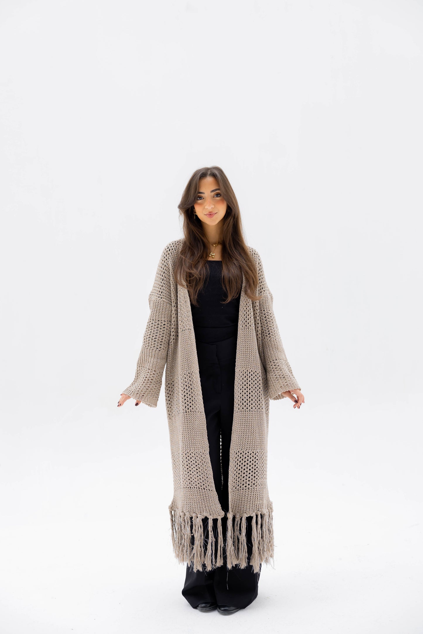 Fringed Breeze Cardigan in Shimmer Beige