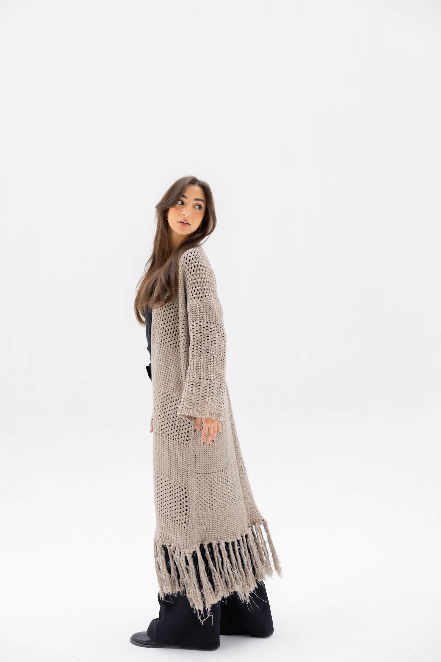 Fringed Breeze Cardigan in Shimmer Beige