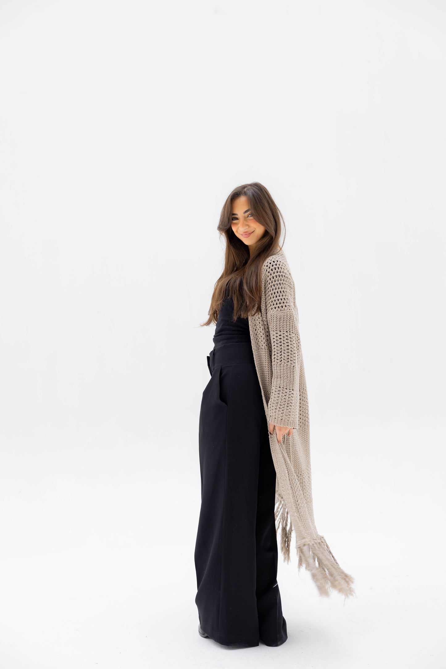 Fringed Breeze Cardigan in Shimmer Beige