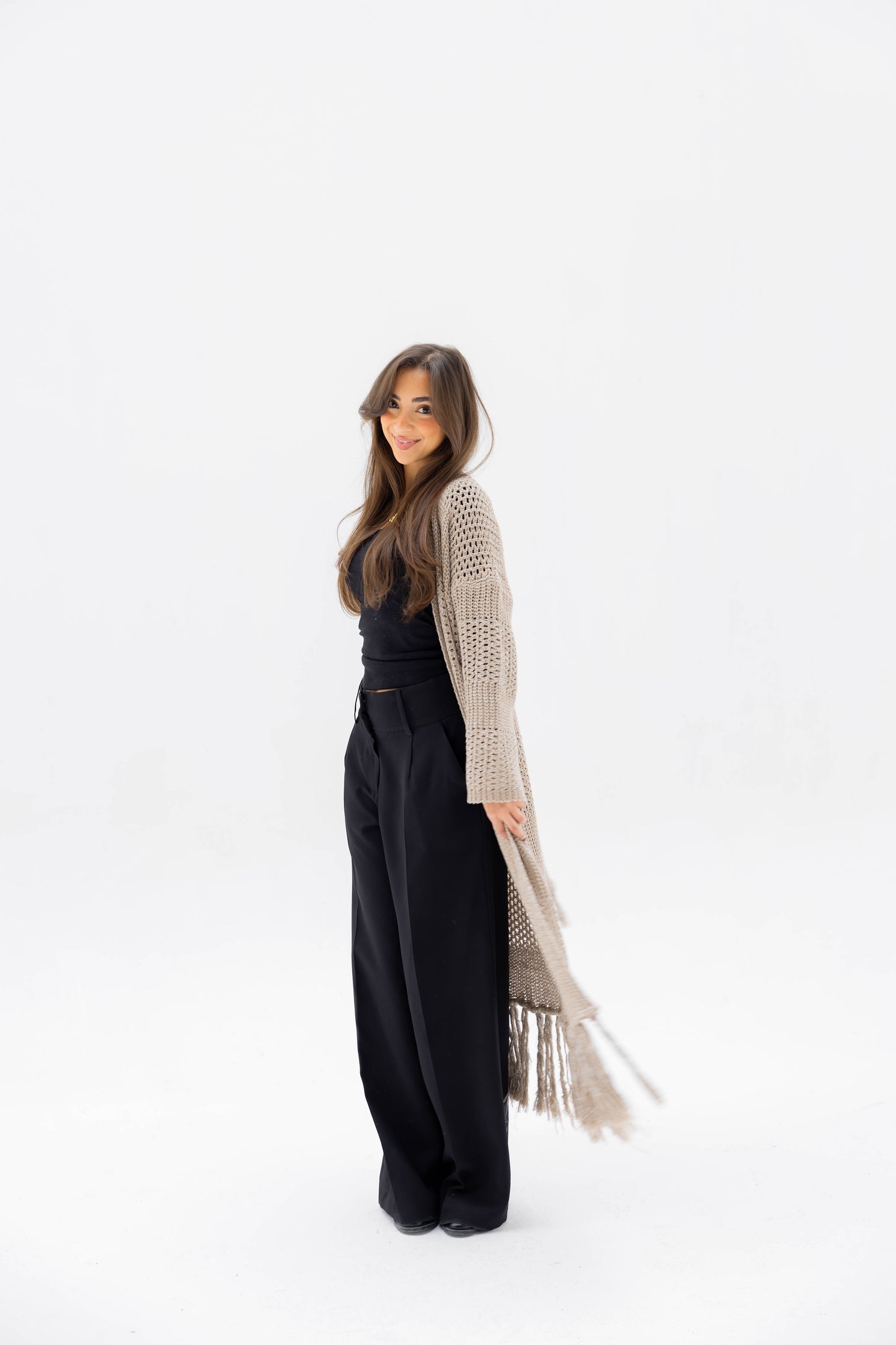 Fringed Breeze Cardigan in Shimmer Beige