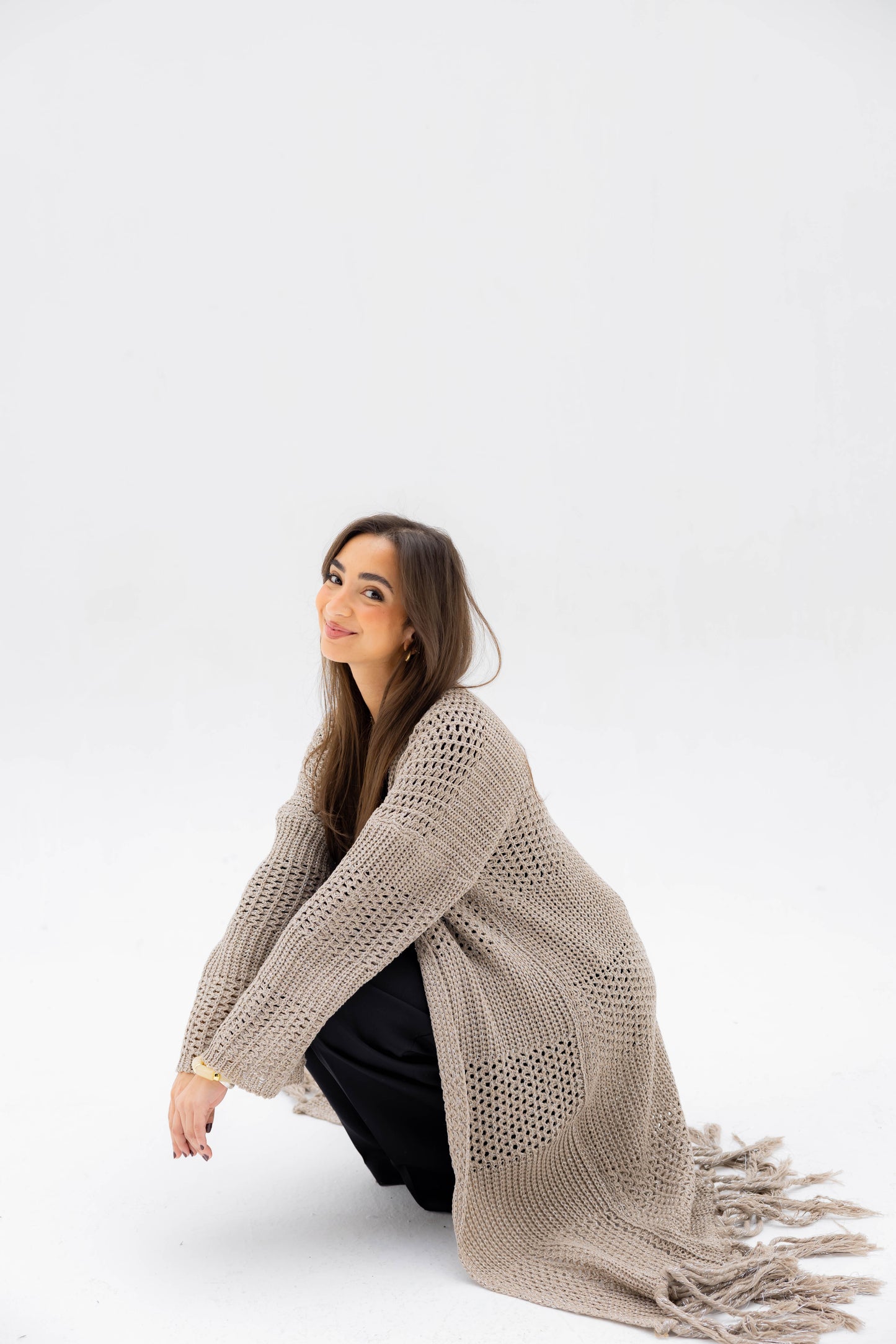 Fringed Breeze Cardigan in Shimmer Beige