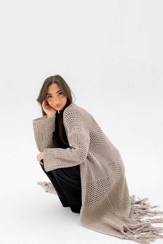 Fringed Breeze Cardigan in Shimmer Beige