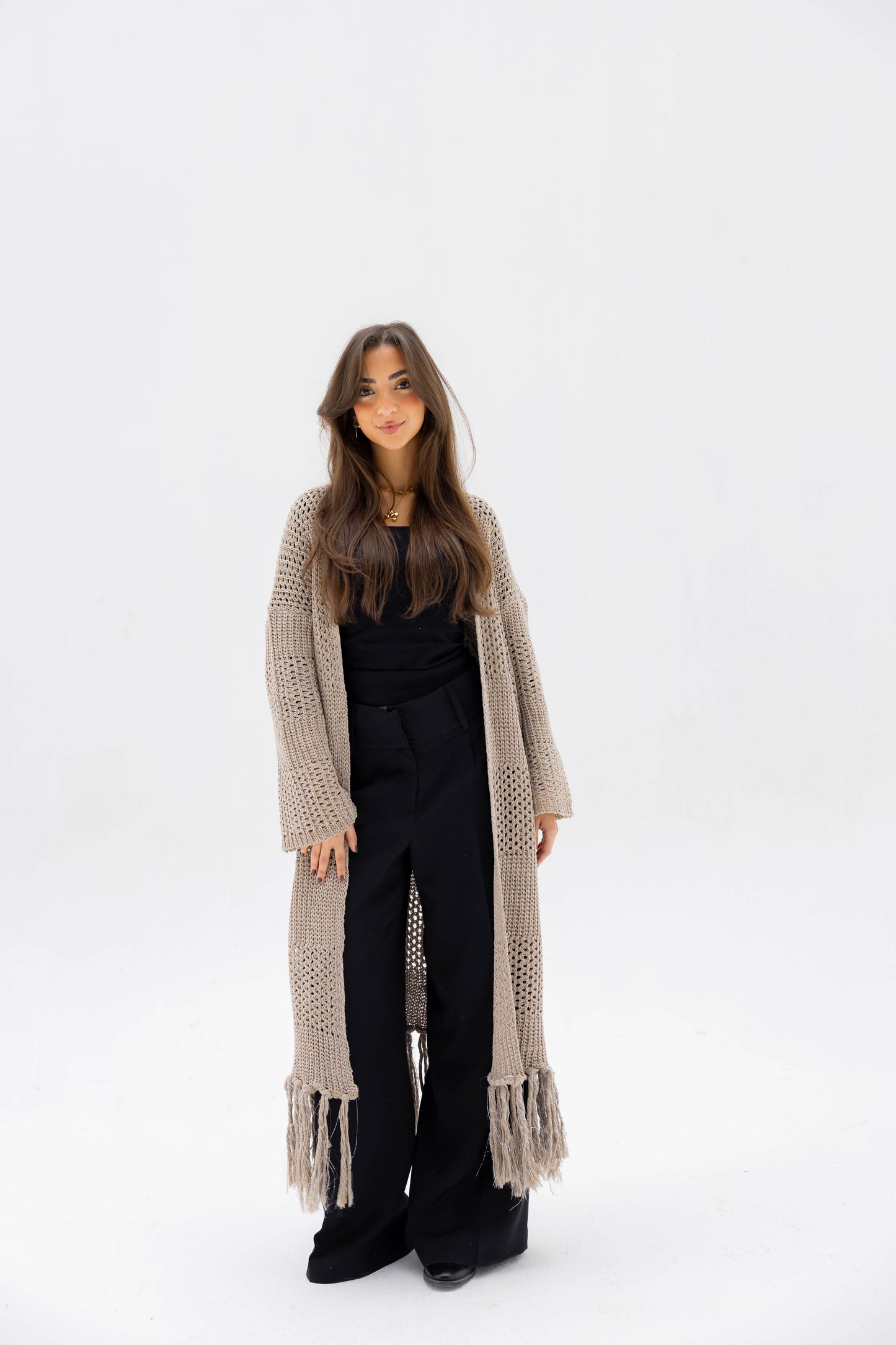 Fringed Breeze Cardigan in Shimmer Beige