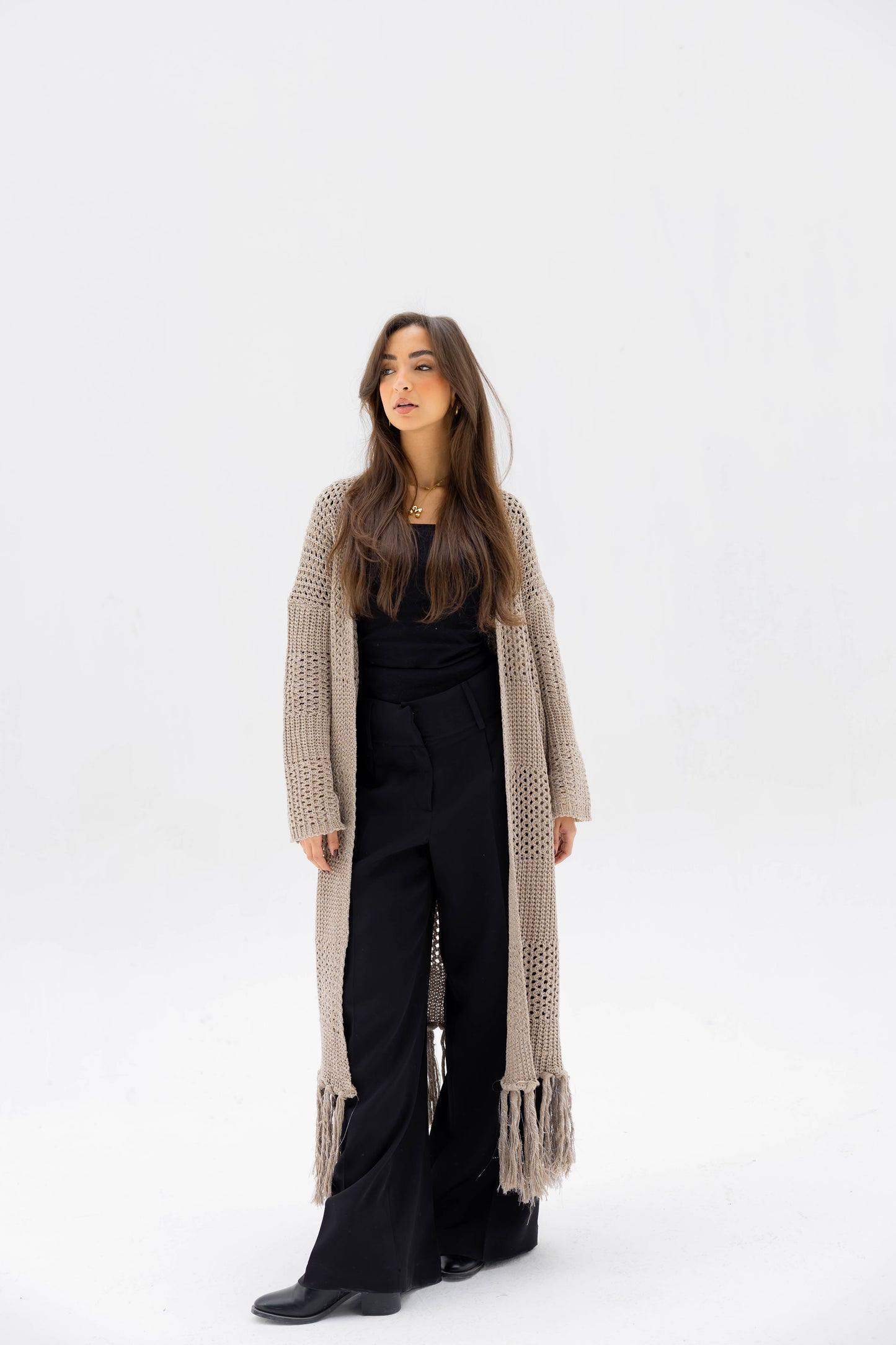 Fringed Breeze Cardigan in Shimmer Beige