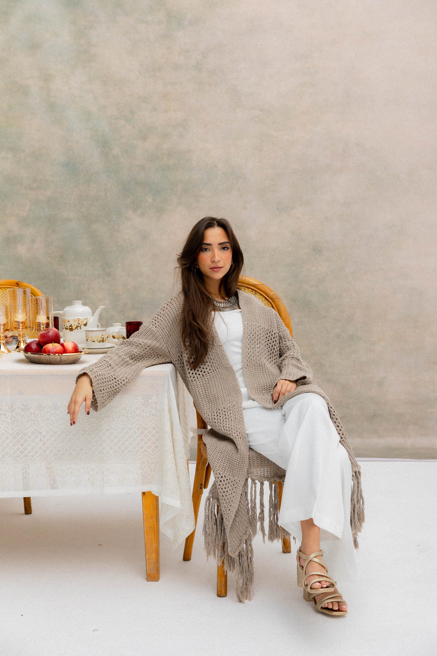 Fringed Breeze Cardigan in Shimmer Beige