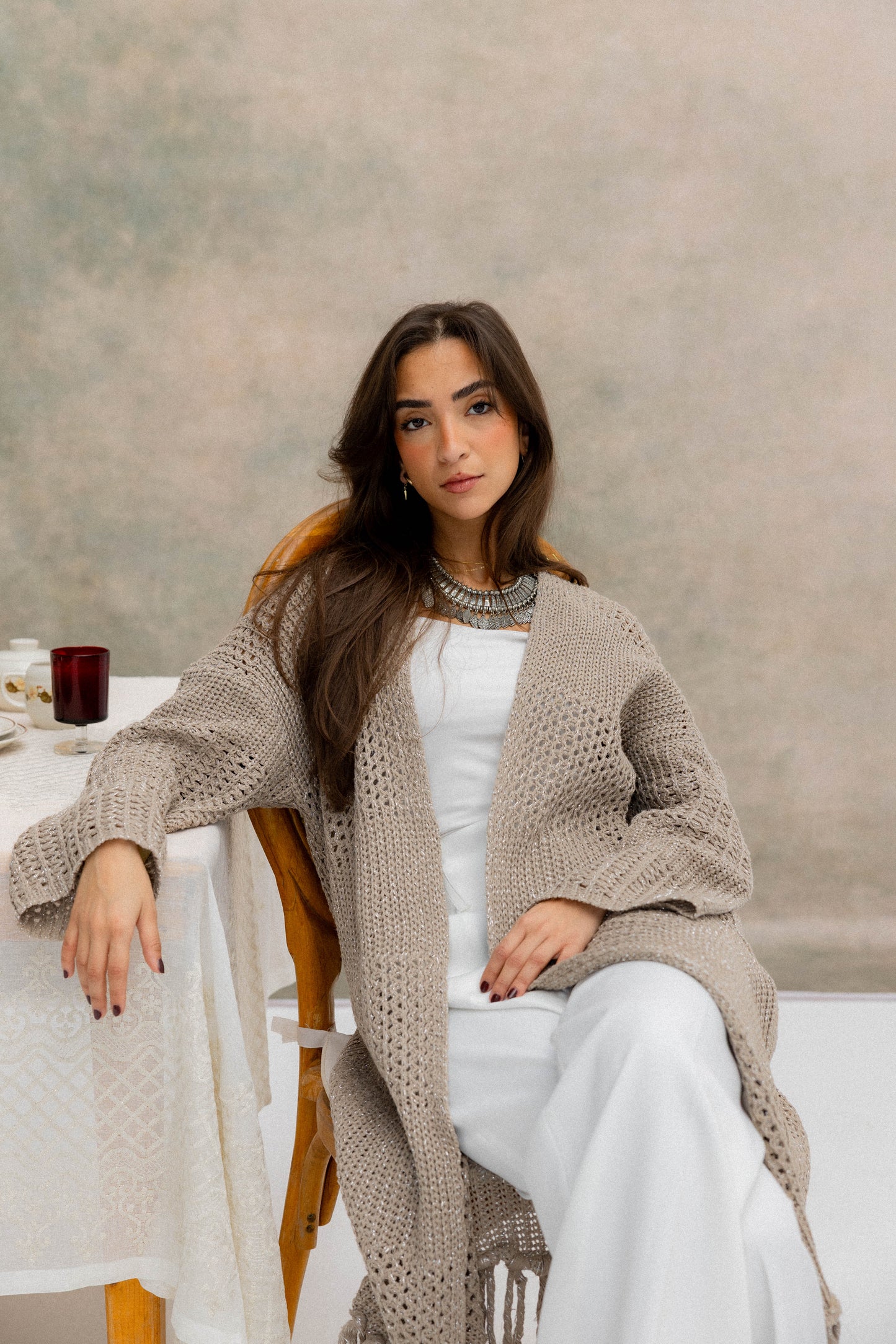 Fringed Breeze Cardigan in Shimmer Beige