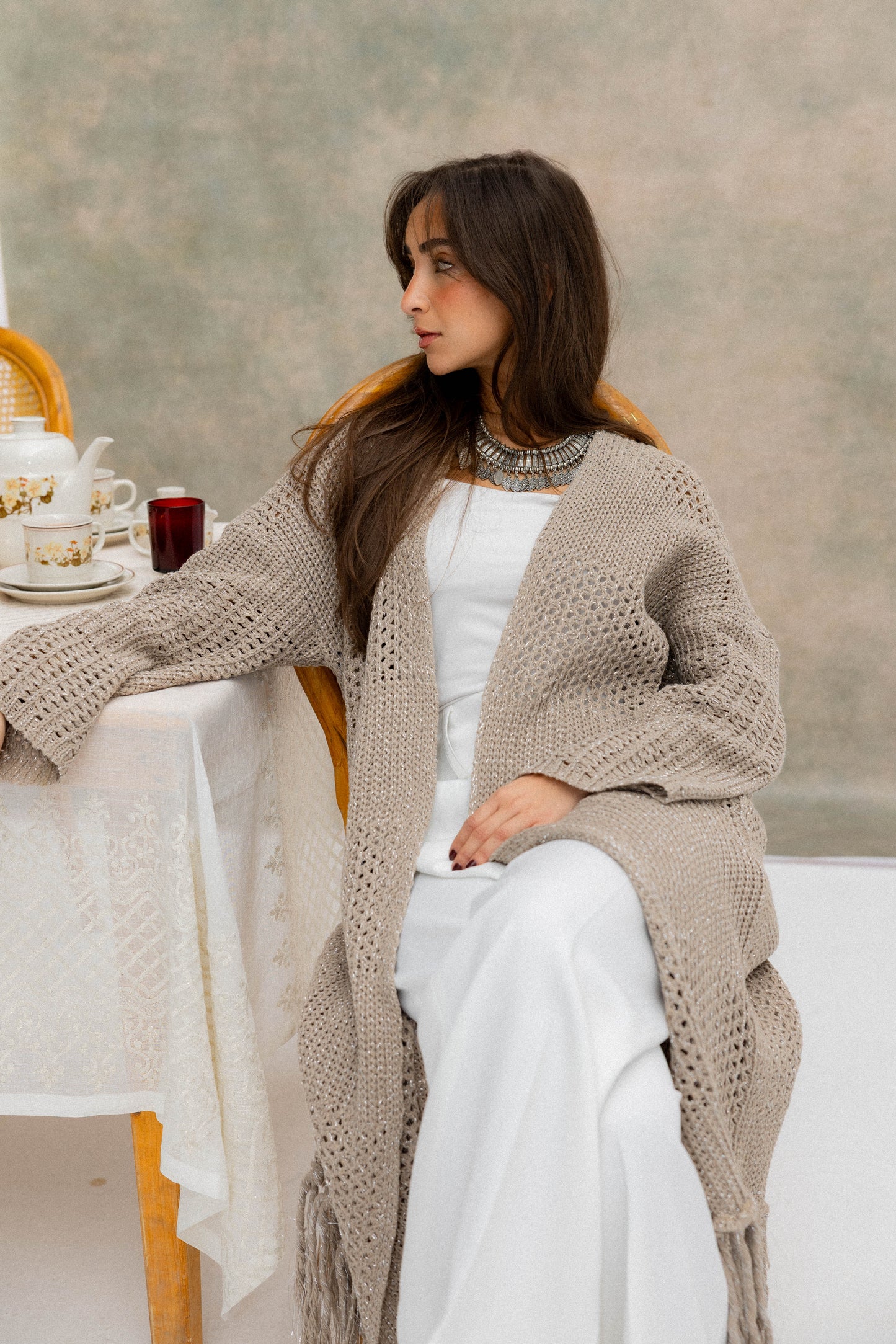 Fringed Breeze Cardigan in Shimmer Beige