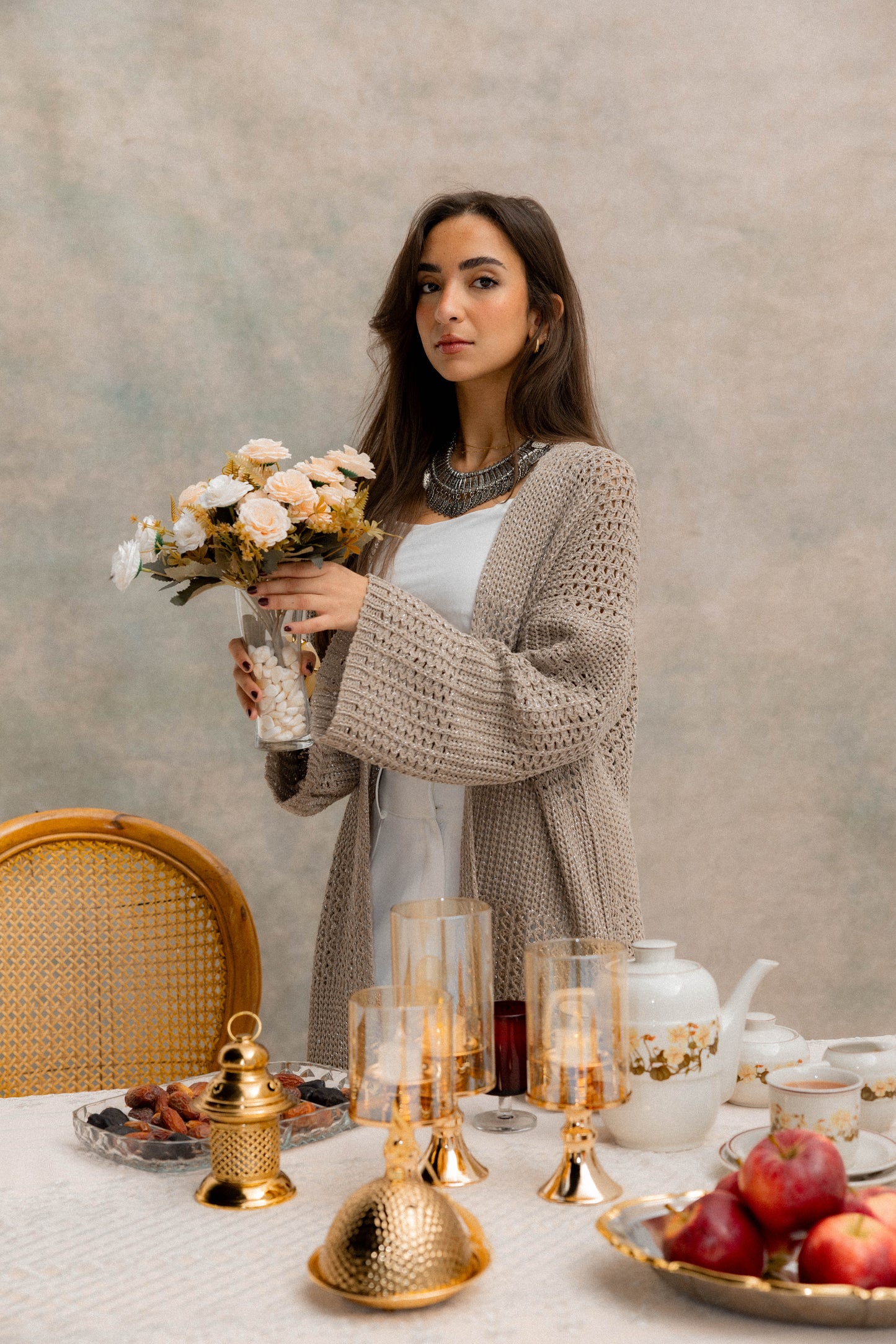 Fringed Breeze Cardigan in Shimmer Beige