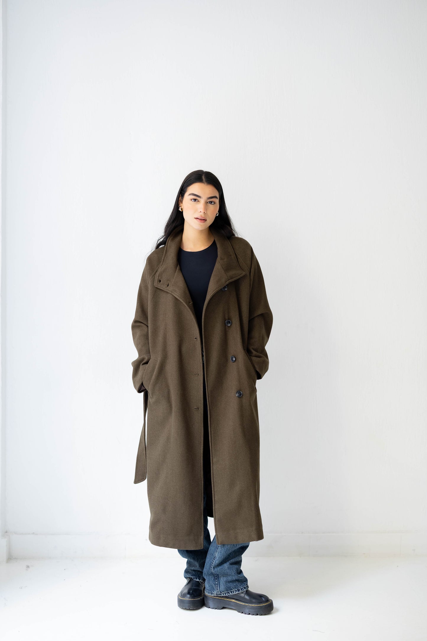 Midnight Belted Coat in Olive Brown