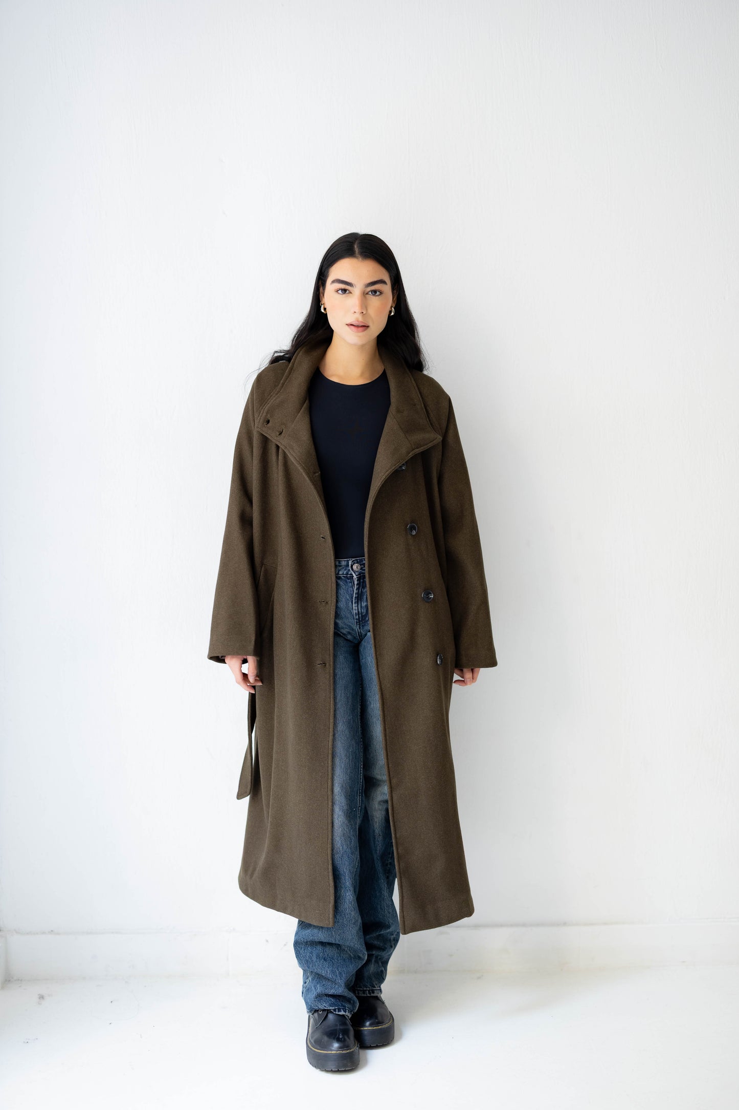 Midnight Belted Coat in Olive Brown