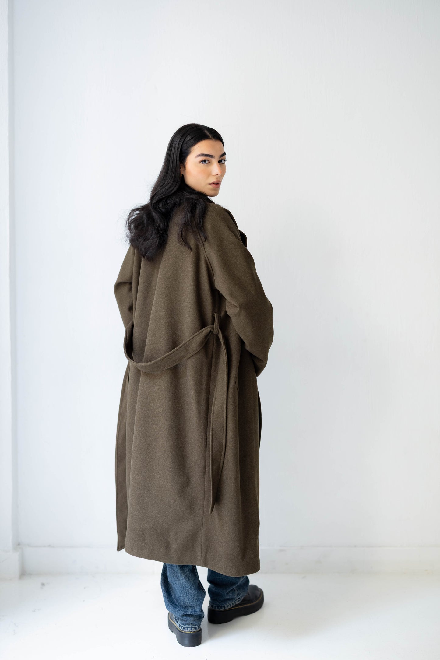 Midnight Belted Coat in Olive Brown