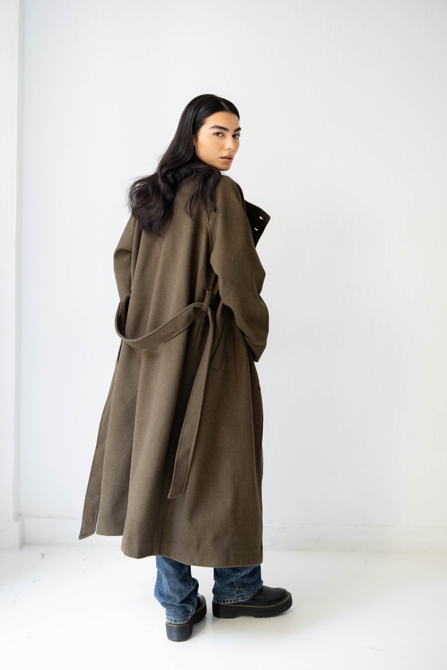 Midnight Belted Coat in Olive Brown