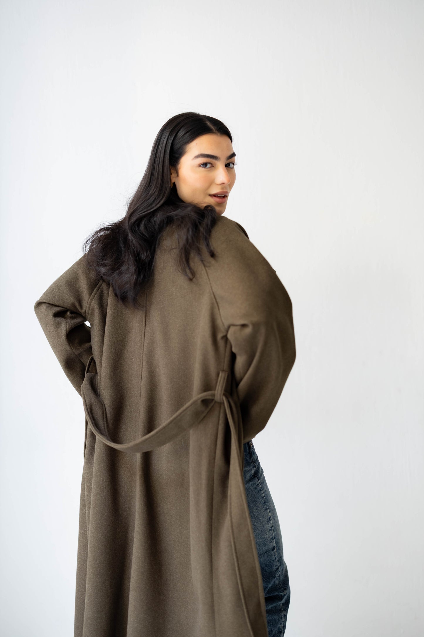 Midnight Belted Coat in Olive Brown