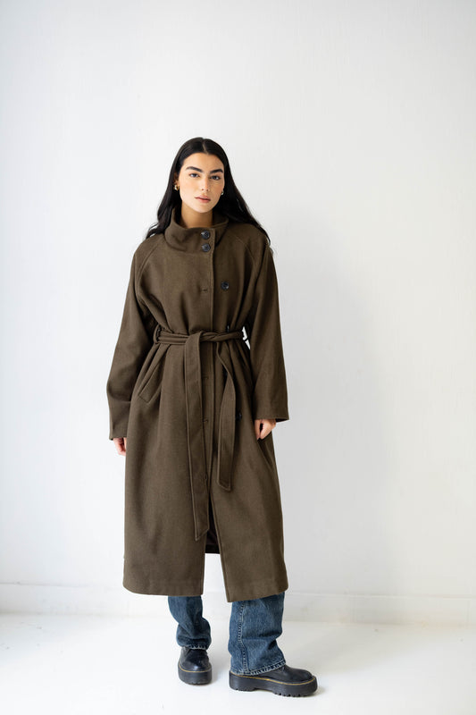 Midnight Belted Coat in Olive Brown