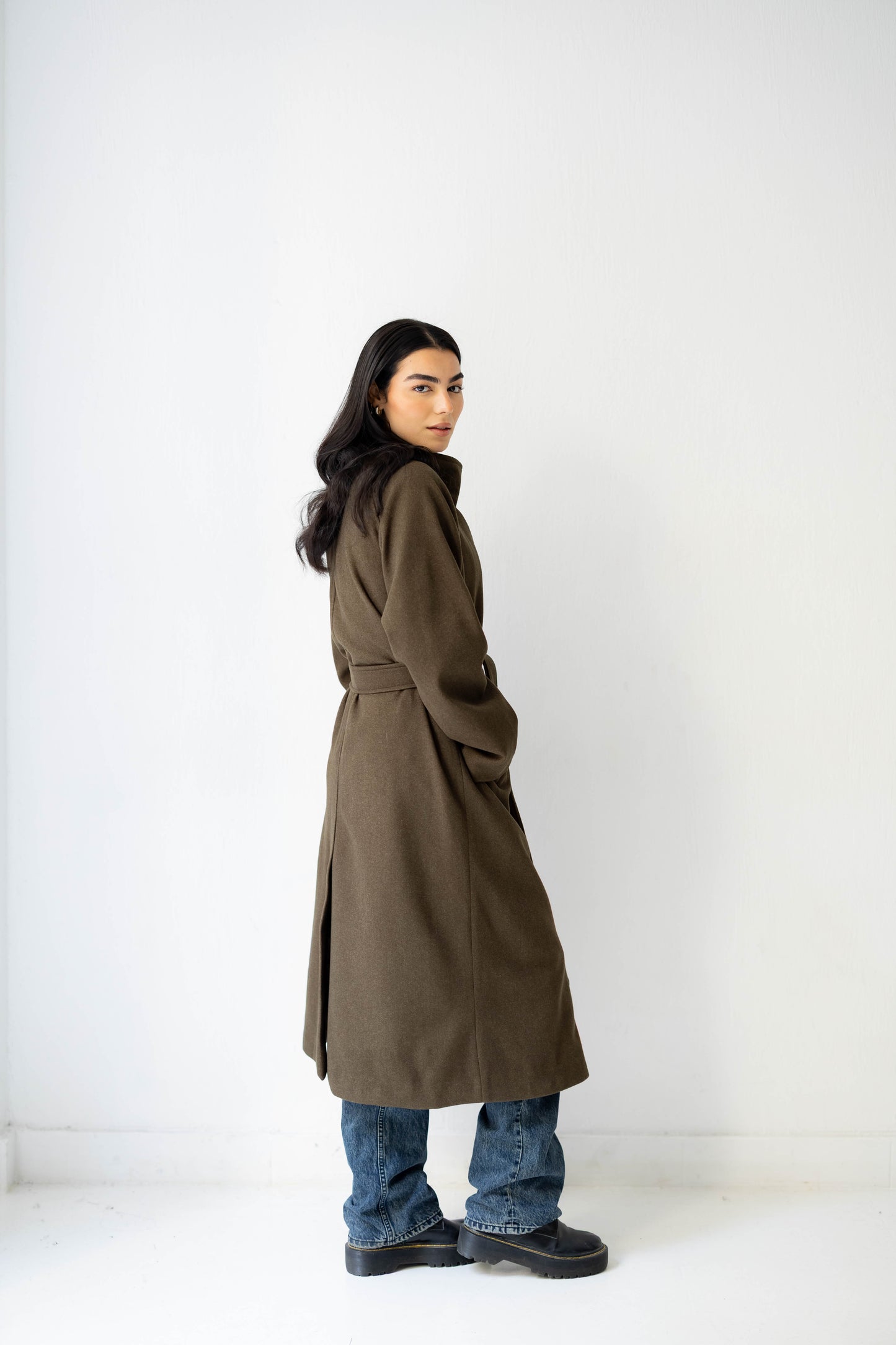 Midnight Belted Coat in Olive Brown