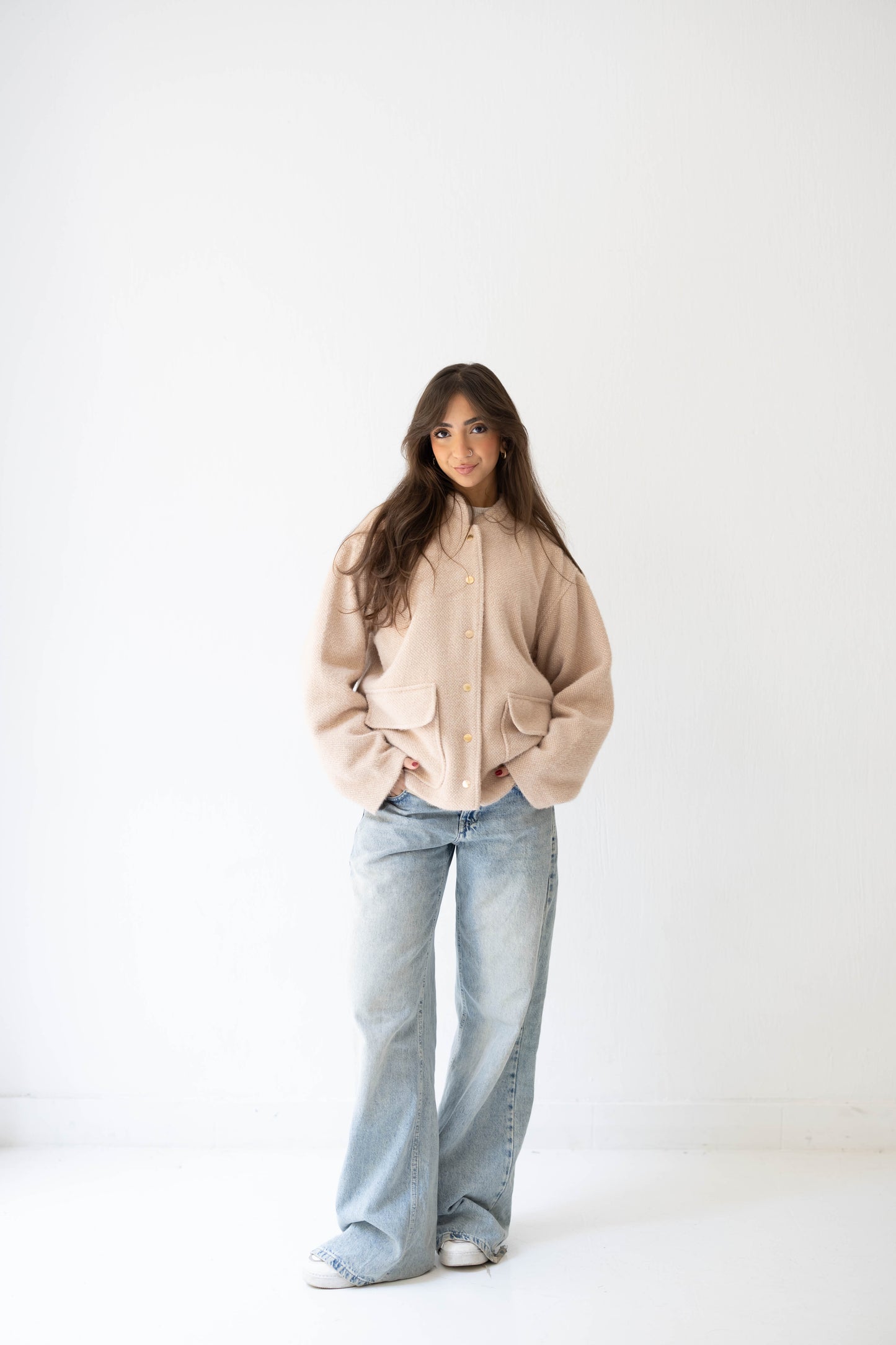 Shimmer Bomber Jacket in Beige