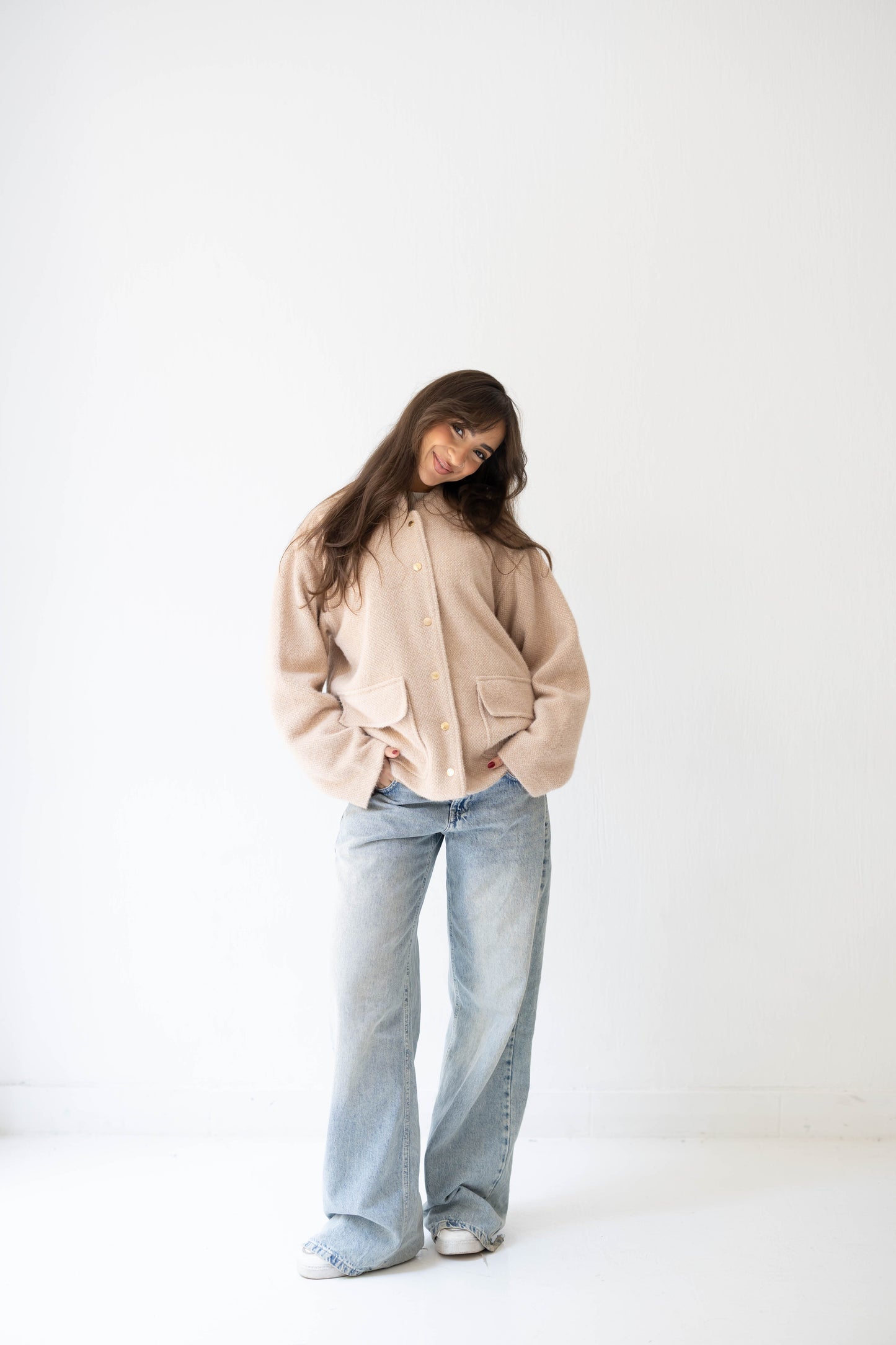 Shimmer Bomber Jacket in Beige