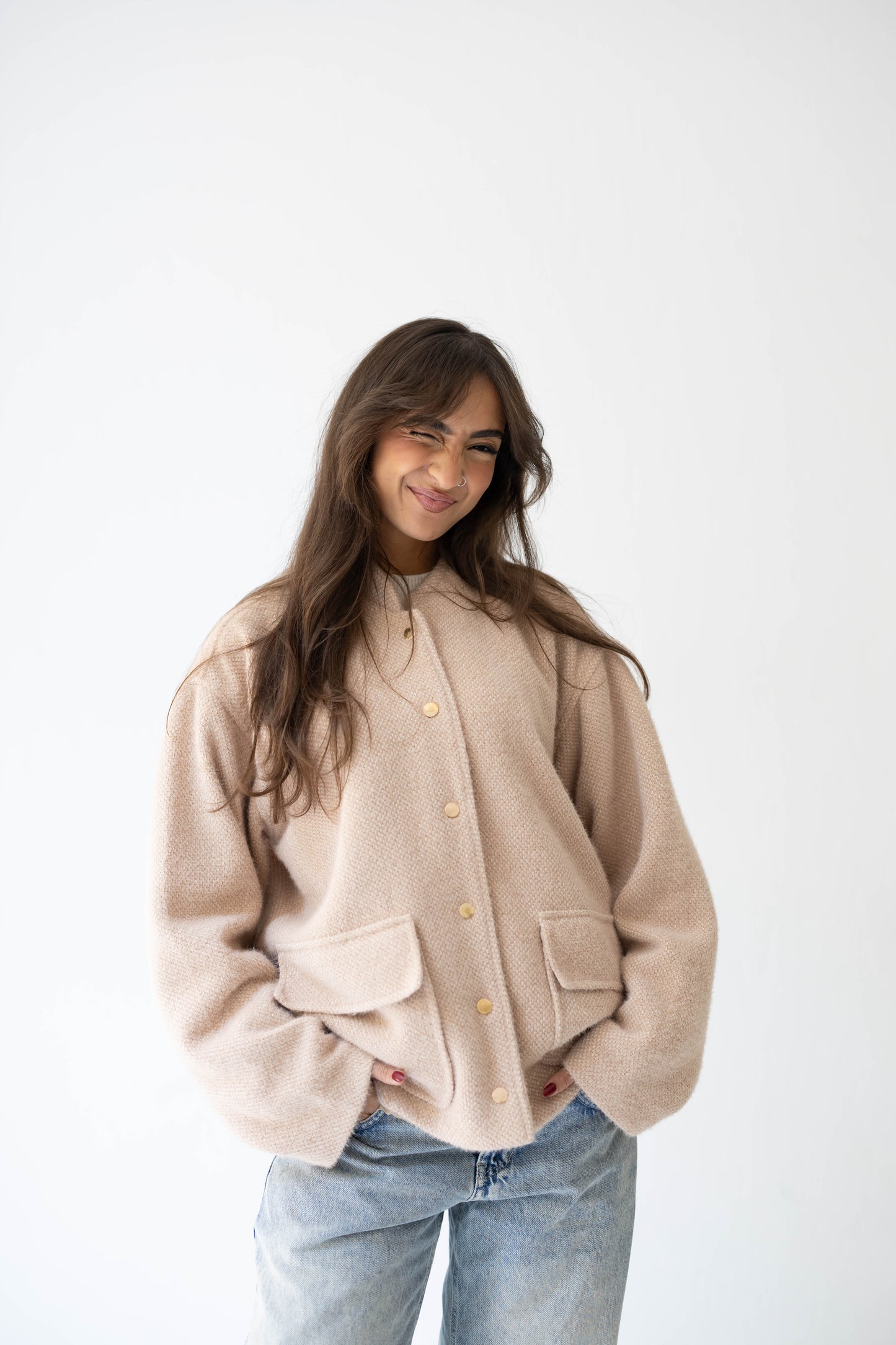 Shimmer Bomber Jacket in Beige