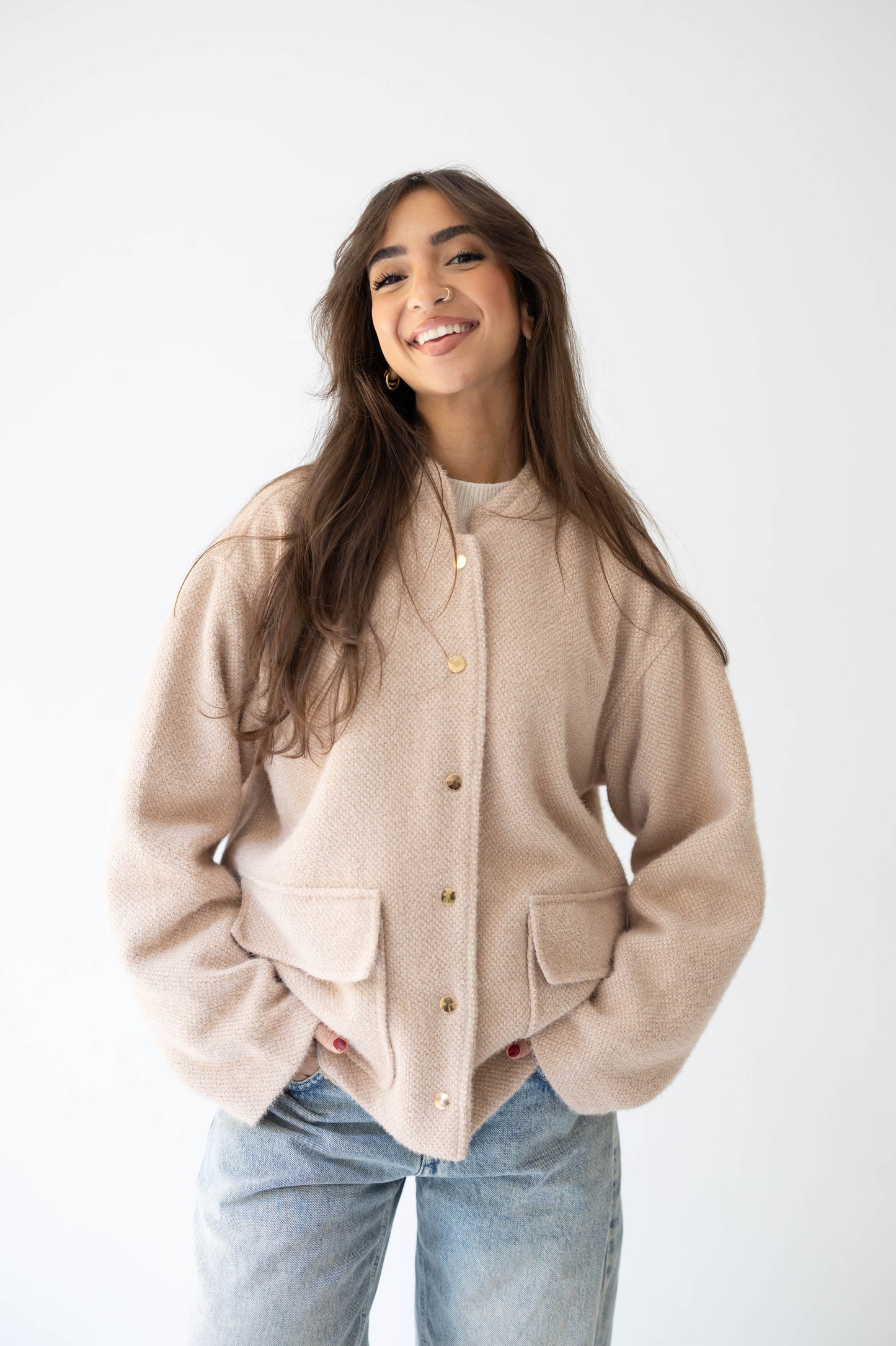 Shimmer Bomber Jacket in Beige