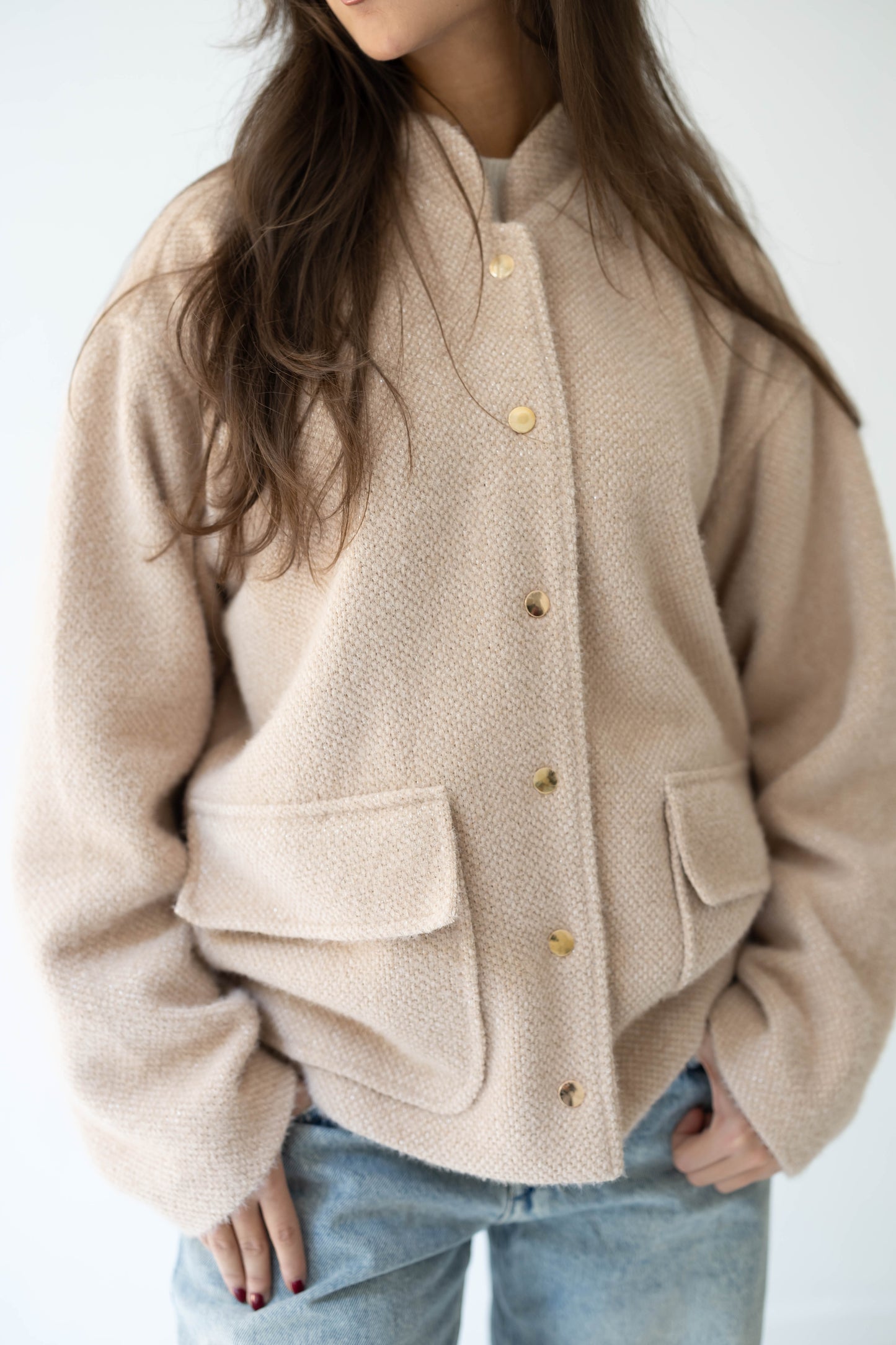 Shimmer Bomber Jacket in Beige
