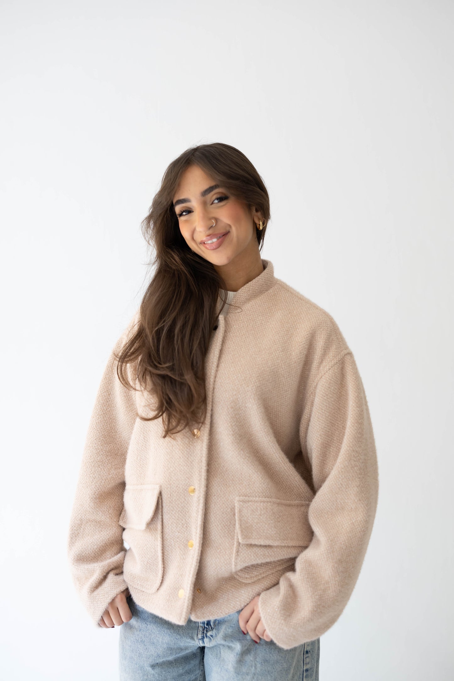 Shimmer Bomber Jacket in Beige