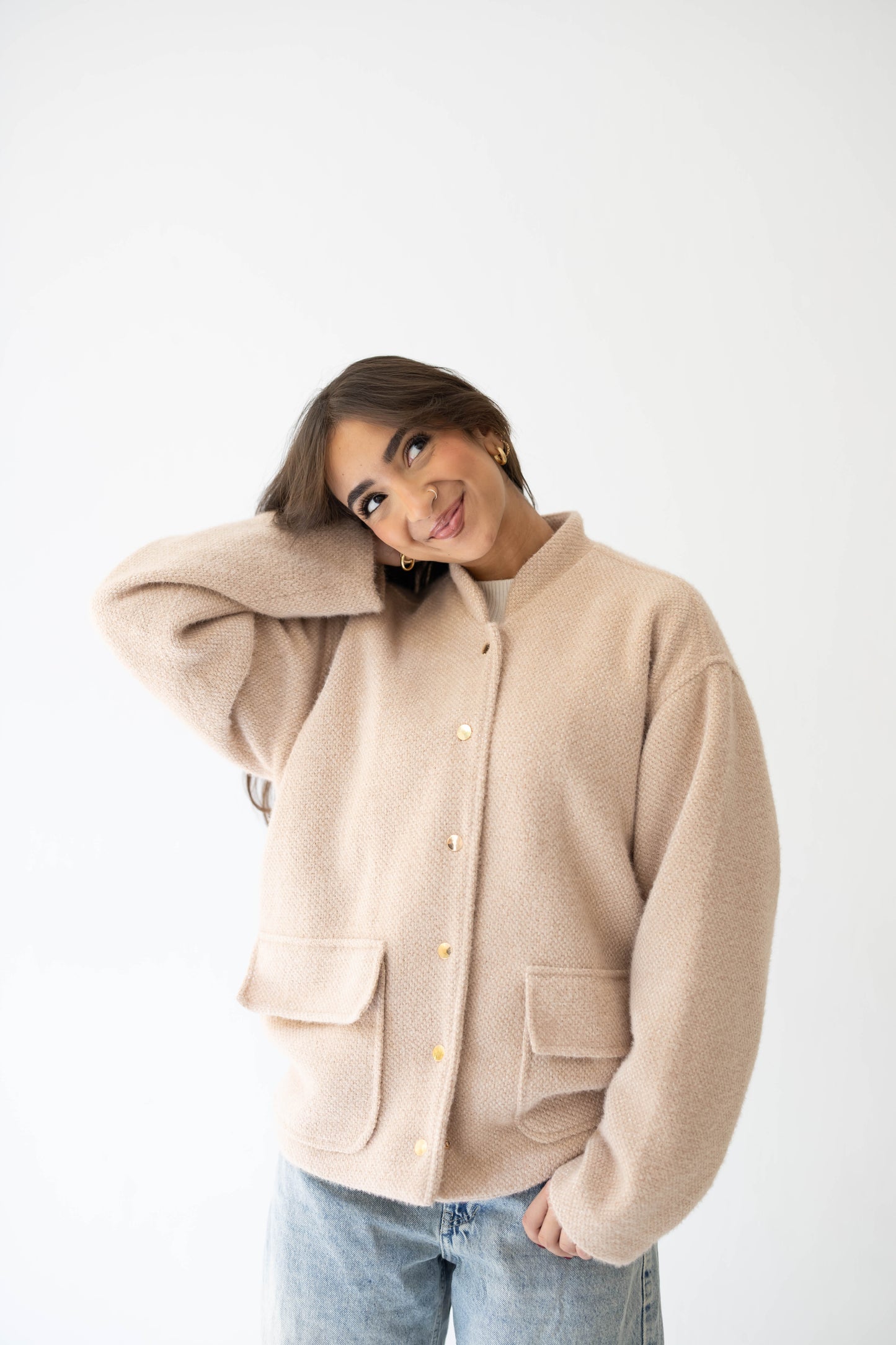 Shimmer Bomber Jacket in Beige