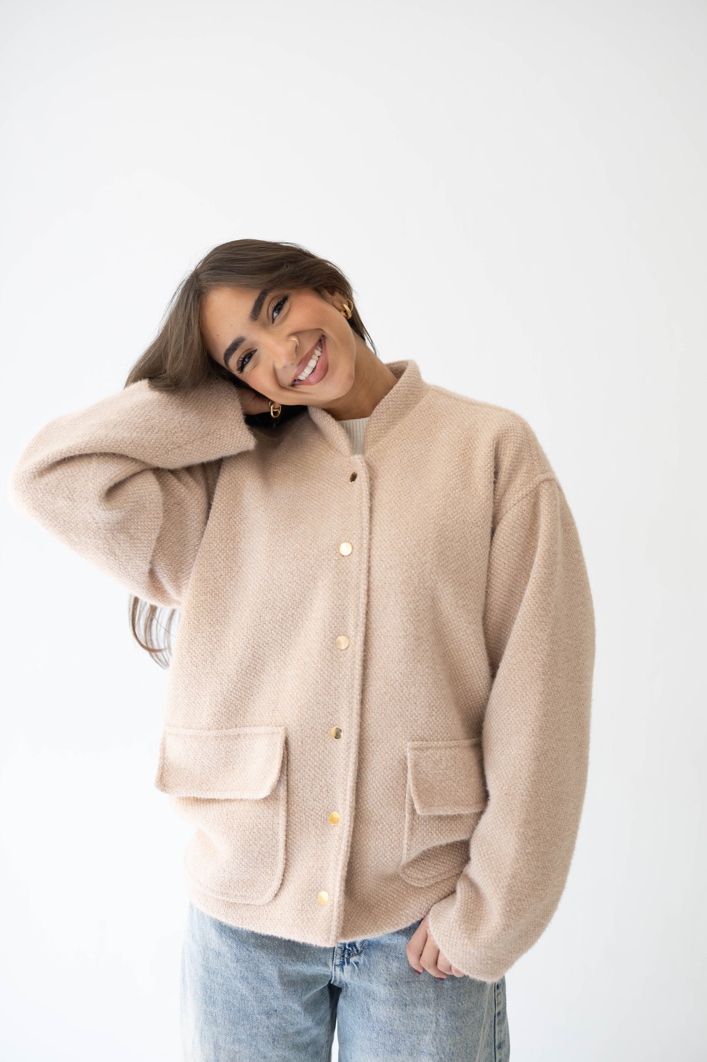 Shimmer Bomber Jacket in Beige