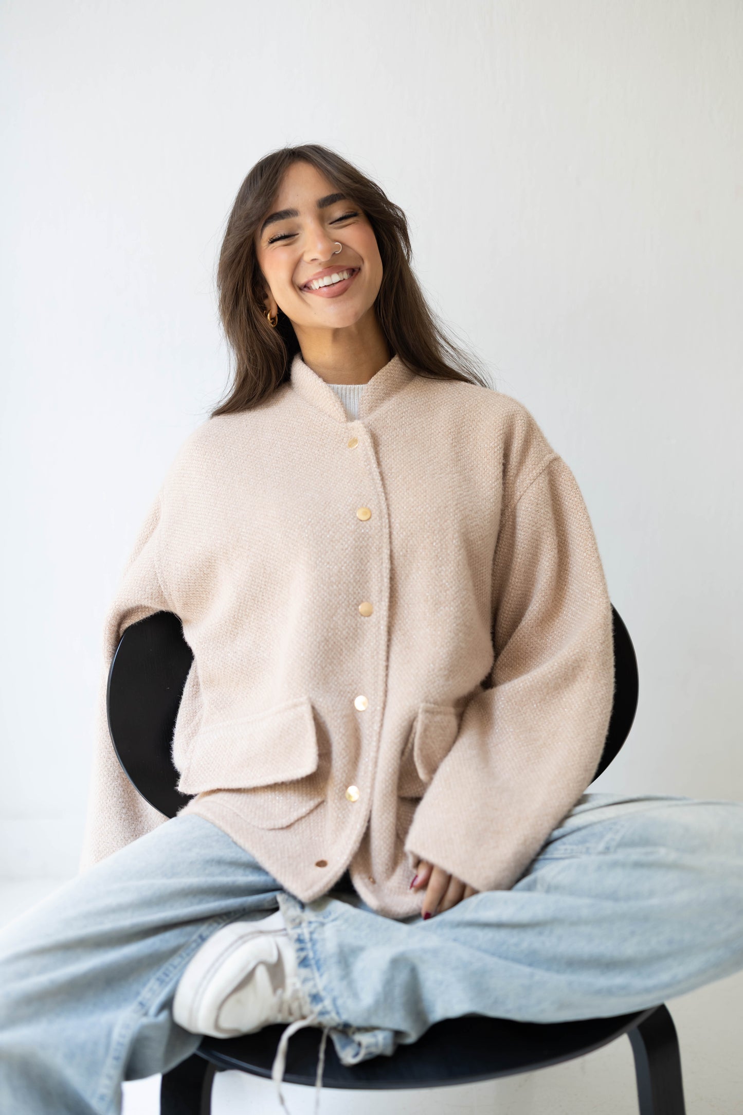 Shimmer Bomber Jacket in Beige