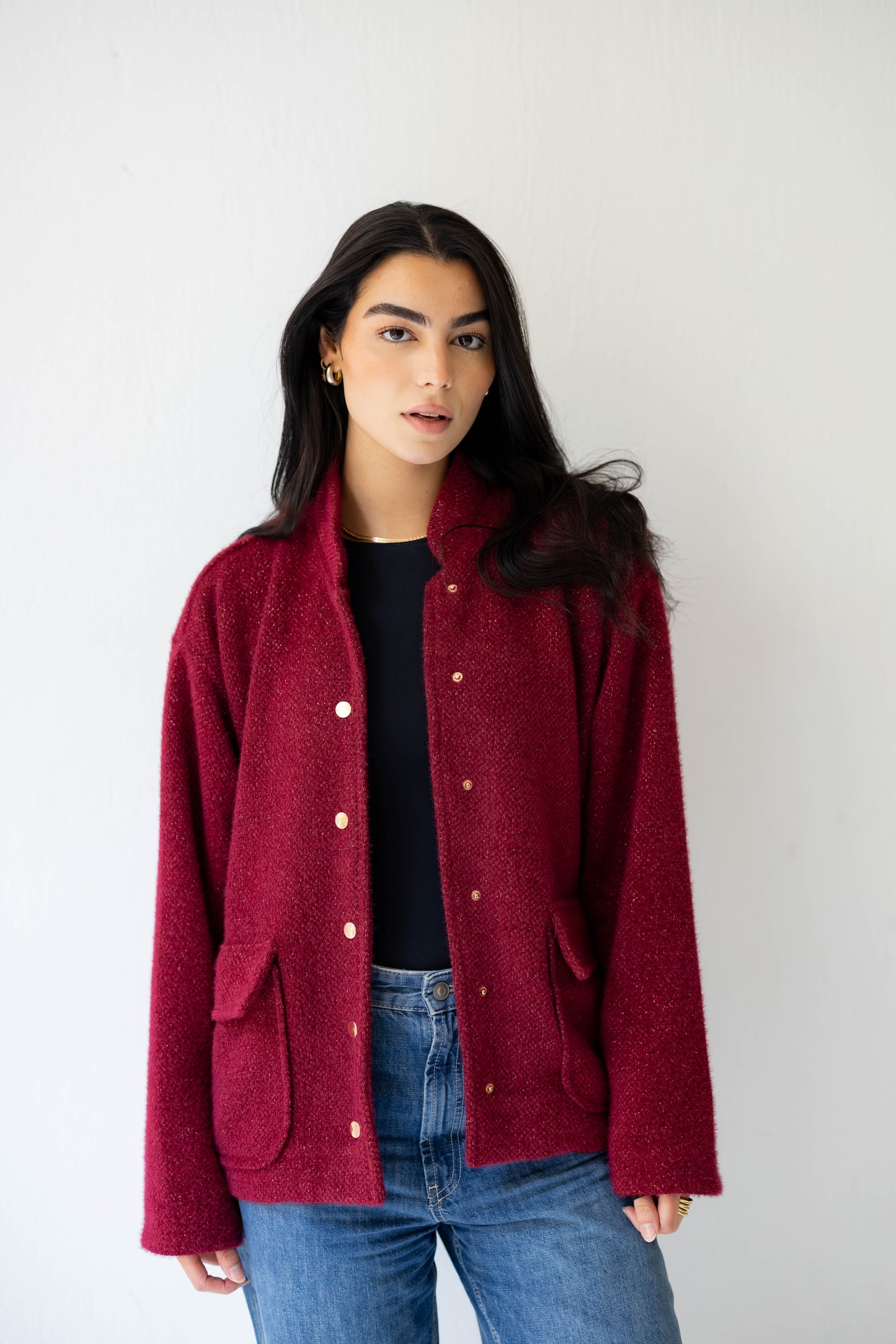 Shimmer Bomber Jacket in Ruby