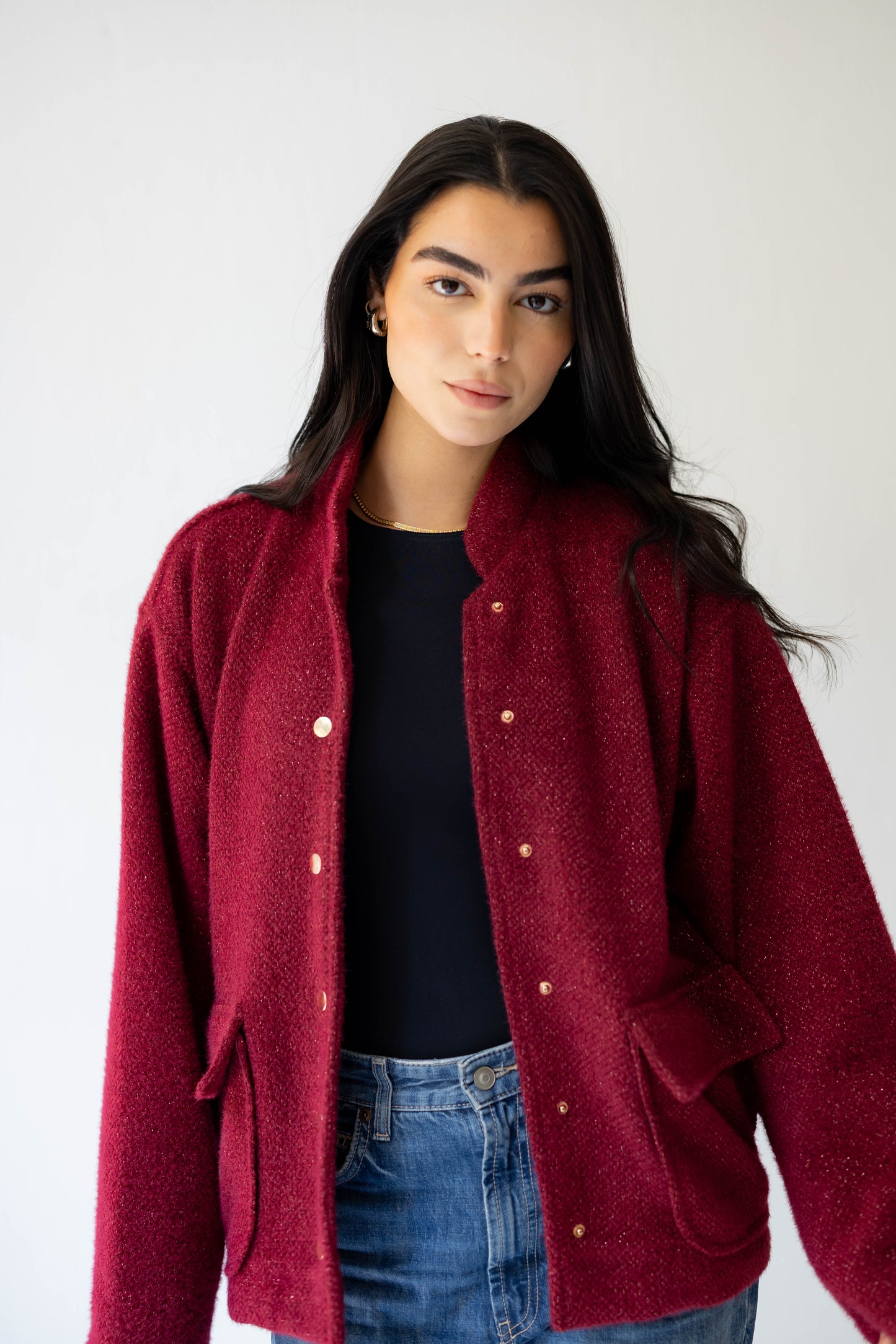 Shimmer Bomber Jacket in Ruby