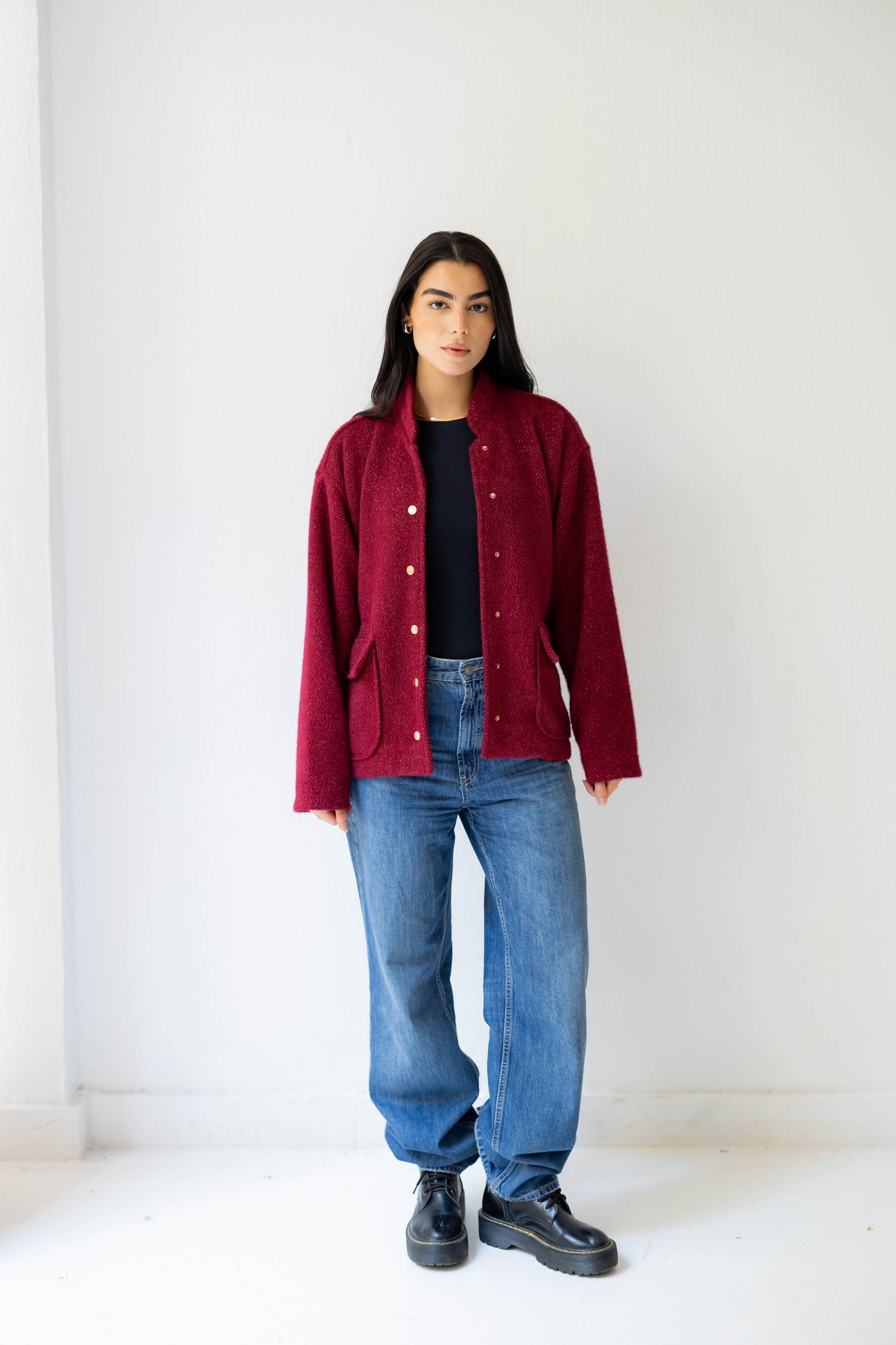 Shimmer Bomber Jacket in Ruby